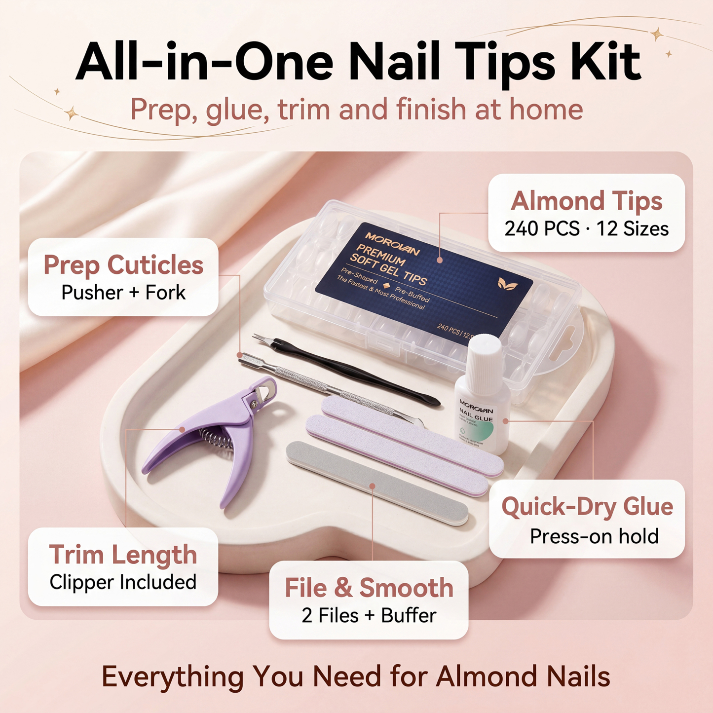 Morovan 240Pcs Almond Nail Tips with Quick-Dry Glue, Cuticle Pusher, Nail Files & Manicure Tools,Complete DIY Acrylic Nails Set for Home Salon