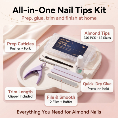 Morovan 240Pcs Almond Nail Tips with Quick-Dry Glue, Cuticle Pusher, Nail Files & Manicure Tools,Complete DIY Acrylic Nails Set for Home Salon