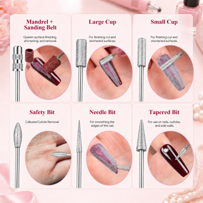 Morovan Professional Nail Drill & File Kit - 6 Premium Bits, 6 Sanding Bands & Stand for Acrylic, Gel Manicure & Pedicure