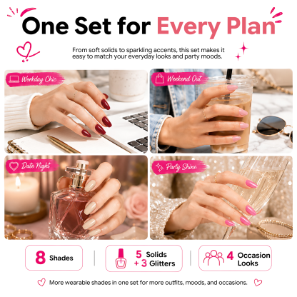 Morovan 8 Colors Nail Polish Set, Classic Red & Glitter Tones, Nude Pink & Milky White Shades, Traditional Nail Polish Kit for Daily & Party Manicure