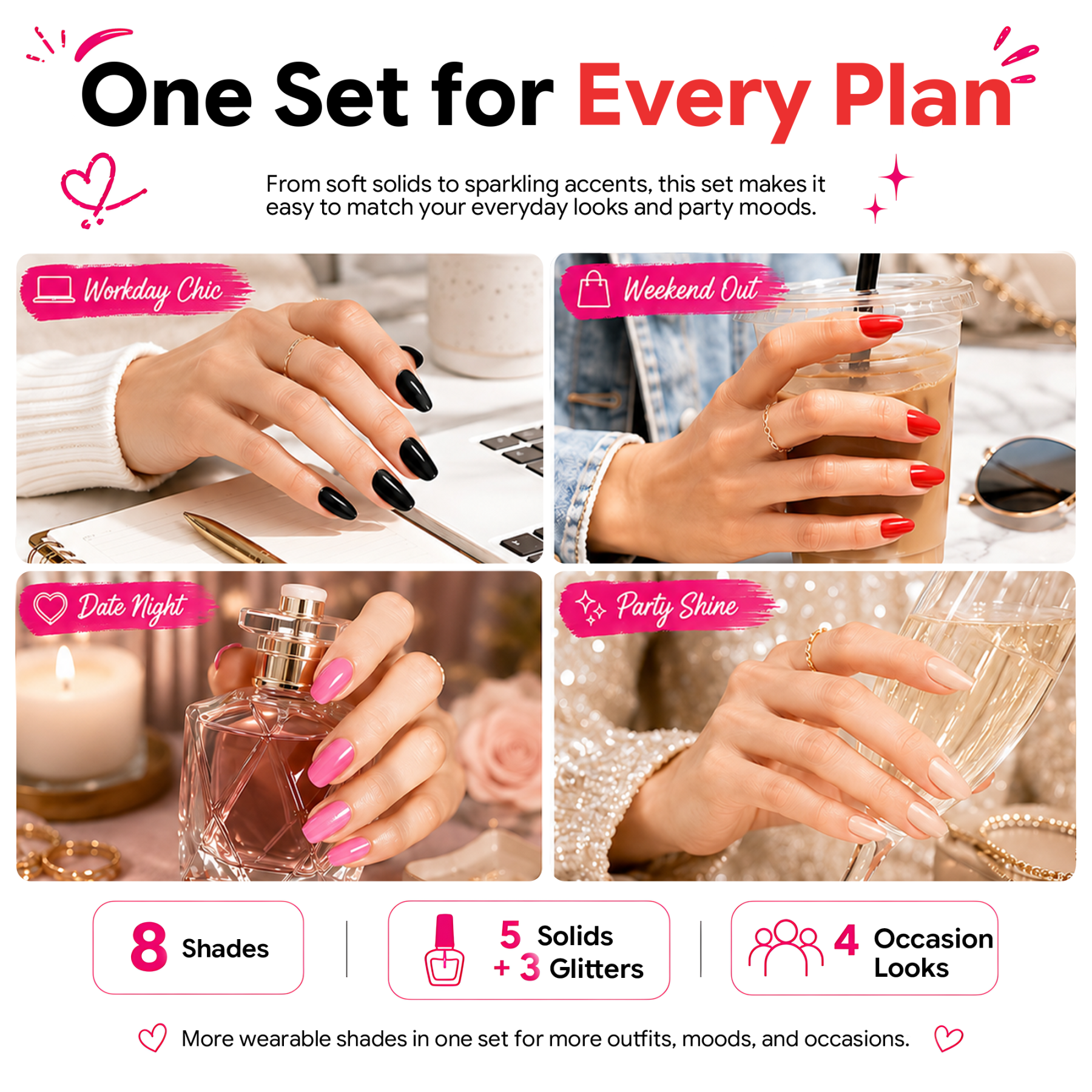 Morovan 8 Colors Classic Nail Polish Set, Black White Red Nude Pink Navy & Wine Red Glossy Nail Polish Kit for Everyday & Occasion Wear