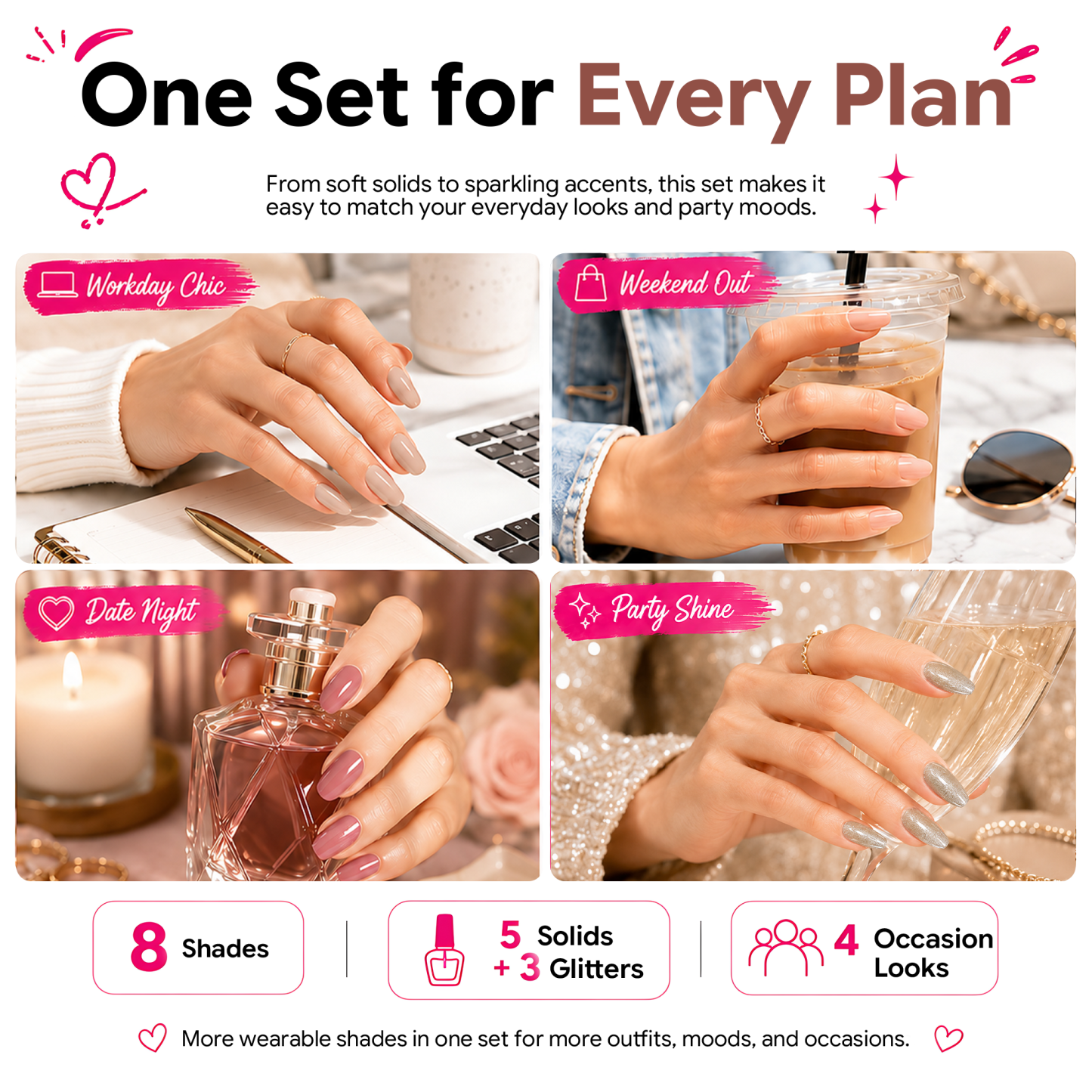 Morovan 8Pcs Nude Nail Polish Set,Nude Pink, Mauve, Brown & Glitter Shades, Quick Dry Nail Polish Gift Set for Women