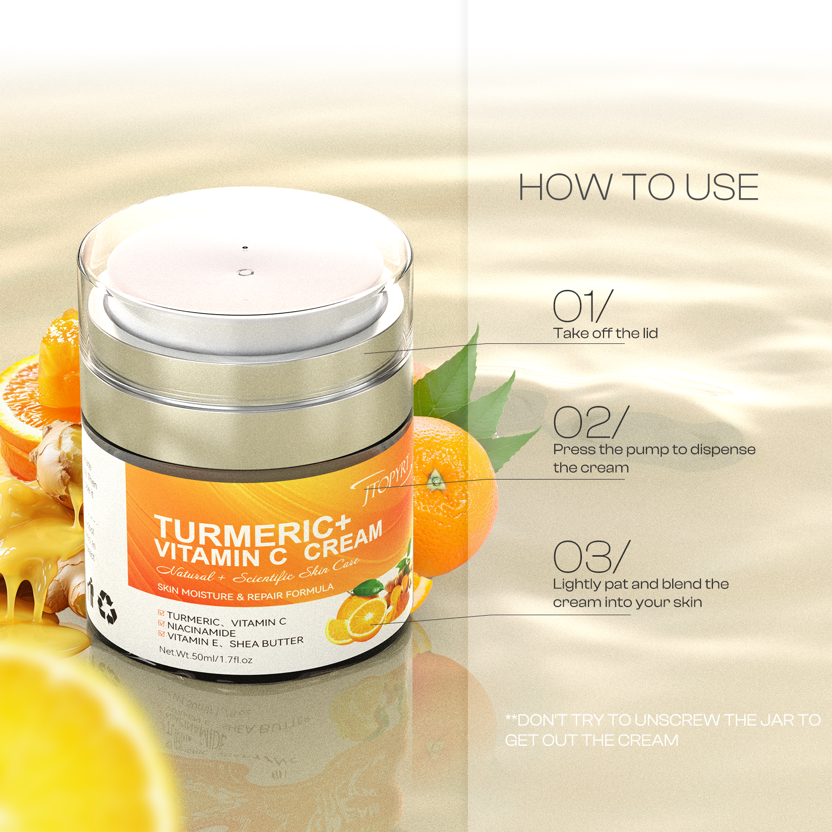 Turmeric Face Cream with Vitamin C –Fades Dark Spots & Hydrates Dry/Oily Skin