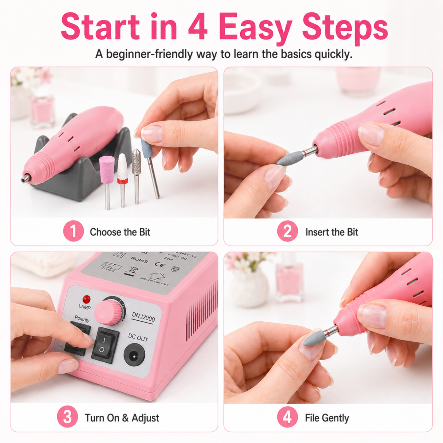 Morovan Professional Nail Drill & File Kit - 6 Premium Bits, 6 Sanding Bands & Stand for Acrylic, Gel Manicure & Pedicure