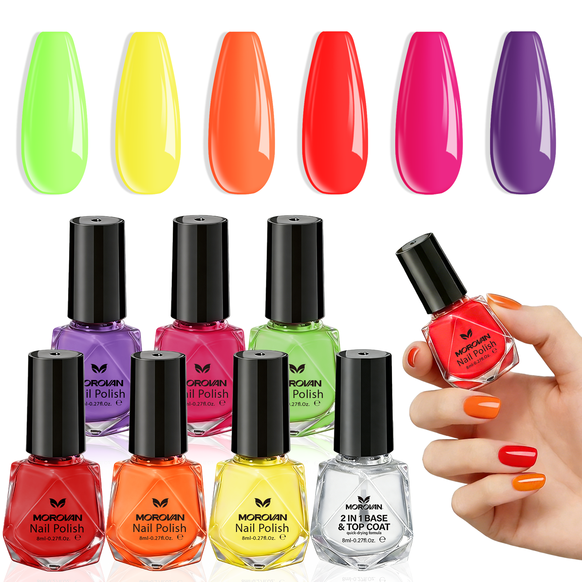 Morovan 6-Color Neon Rainbow Nail Polish Set, 8ML Quick Dry Summer Nail Art Kit with 2 IN 1 Base and Top Coat for DIY Manicure at Home, Gifts for Women and Girls