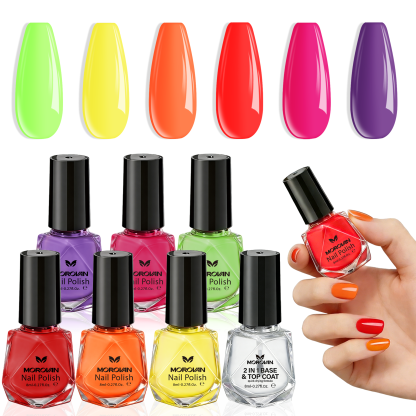 Morovan 6-Color Neon Rainbow Nail Polish Set, 8ML Quick Dry Summer Nail Art Kit with 2 IN 1 Base and Top Coat for DIY Manicure at Home, Gifts for Women and Girls