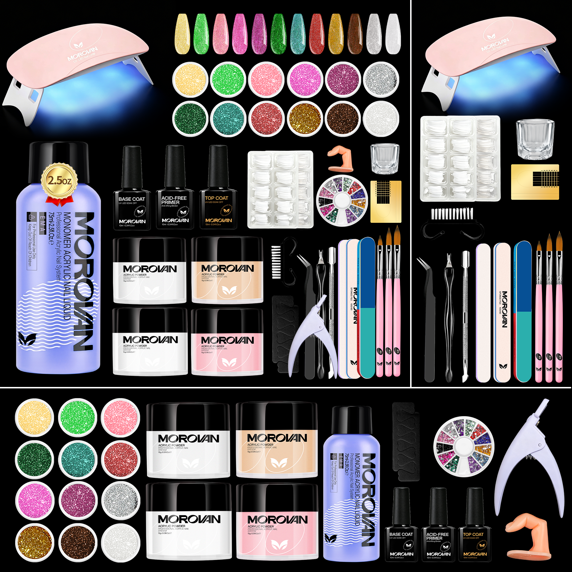 Morovan Acrylic Nail Kit with UV Light for Beginners,Complete DIY Set with Glitters,Nail Tips & Nail Art Tools Gift for Women