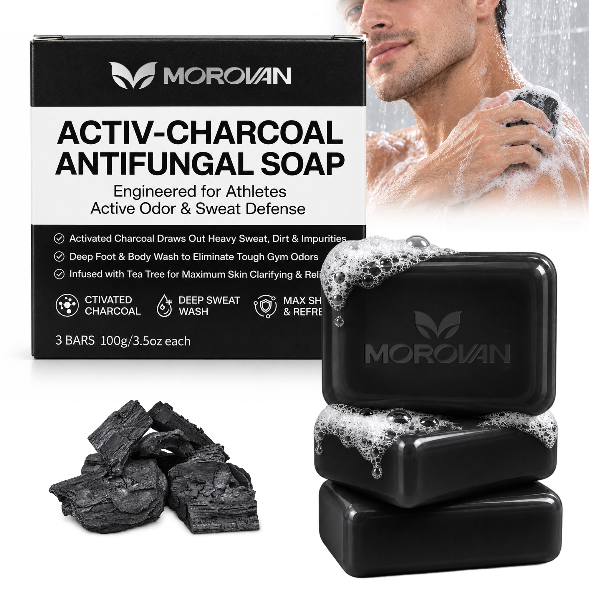 MOROVAN Antifungal Activated Charcoal Soap Bars for Athletes, Foot and Body Cleansing, 3-Pack, 3.5-Ounce Each