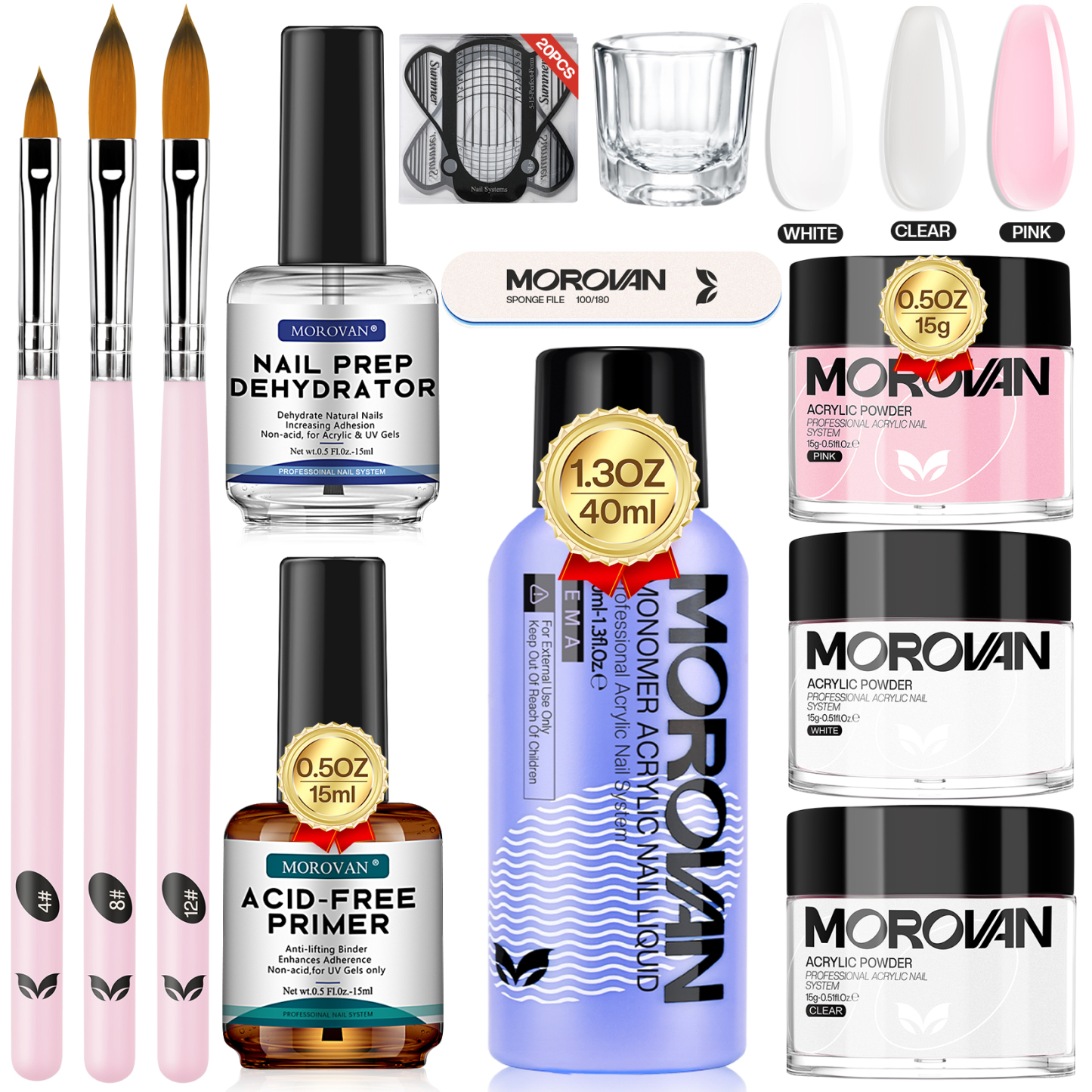 Morovan Acrylic Nail Kit: Clear Pink White Powder and Professional Liquid Set for Nail Extension