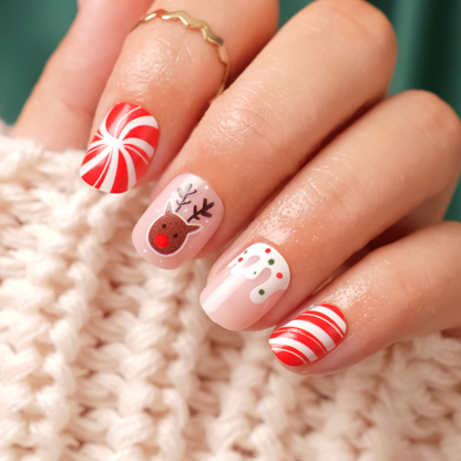 Morovan Christmas Press on Nails Snowflake Fake Nails Short Square Red Solid Color Glue on Nails for Women DIY