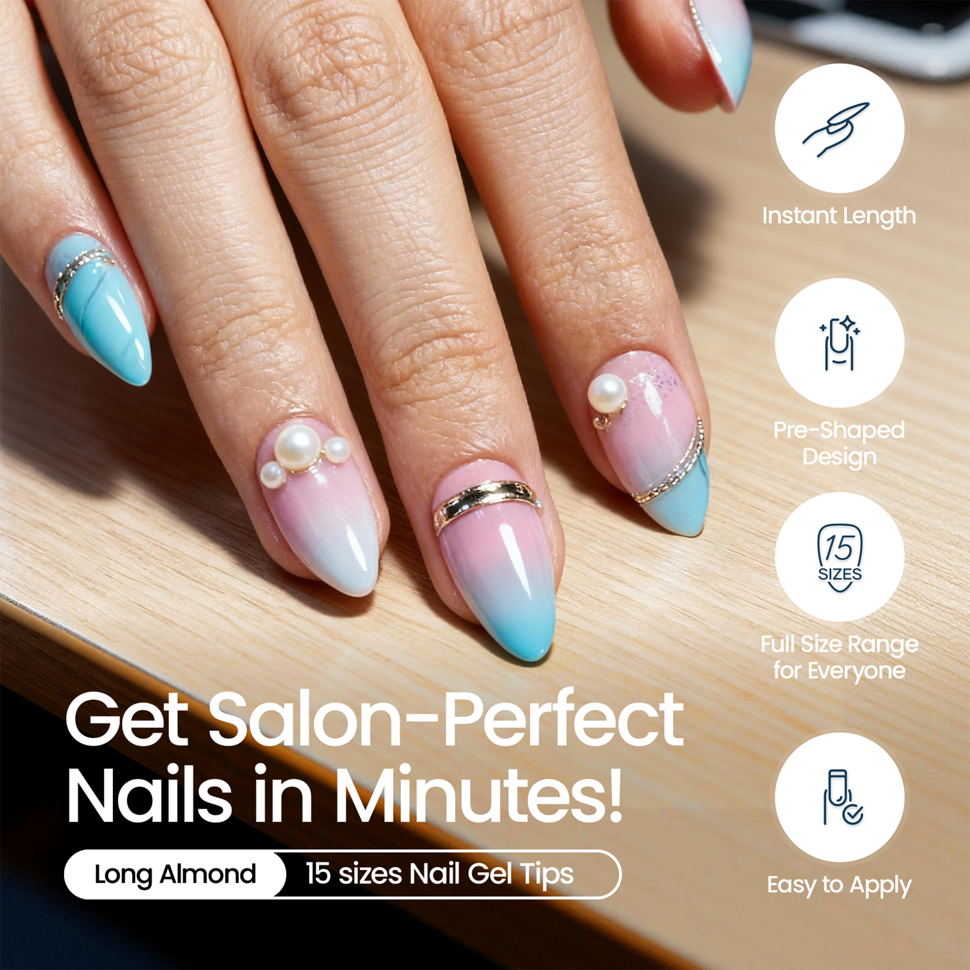 Morovan Long Almond Nail Tips Full Cover Clear Gelly Nails Tips Half Matte Acrylic Tips for Home DIY Salon Manicure 510PCS 15 Sizes