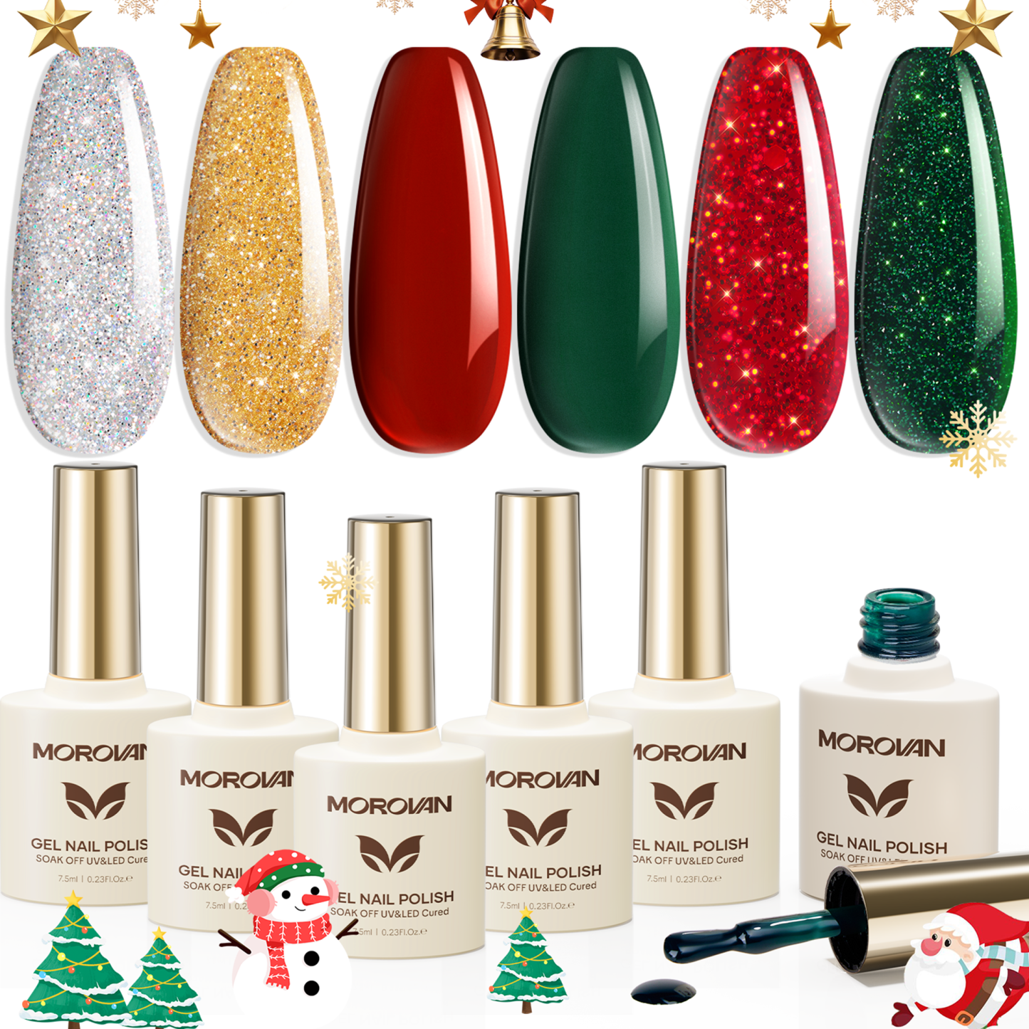 Morovan Christmas Gel Nail Polish, Red Sparkle Green Glitter Gold Silver Winter Gel Polish Dark Red Gel Polish Kits Gift for Women
