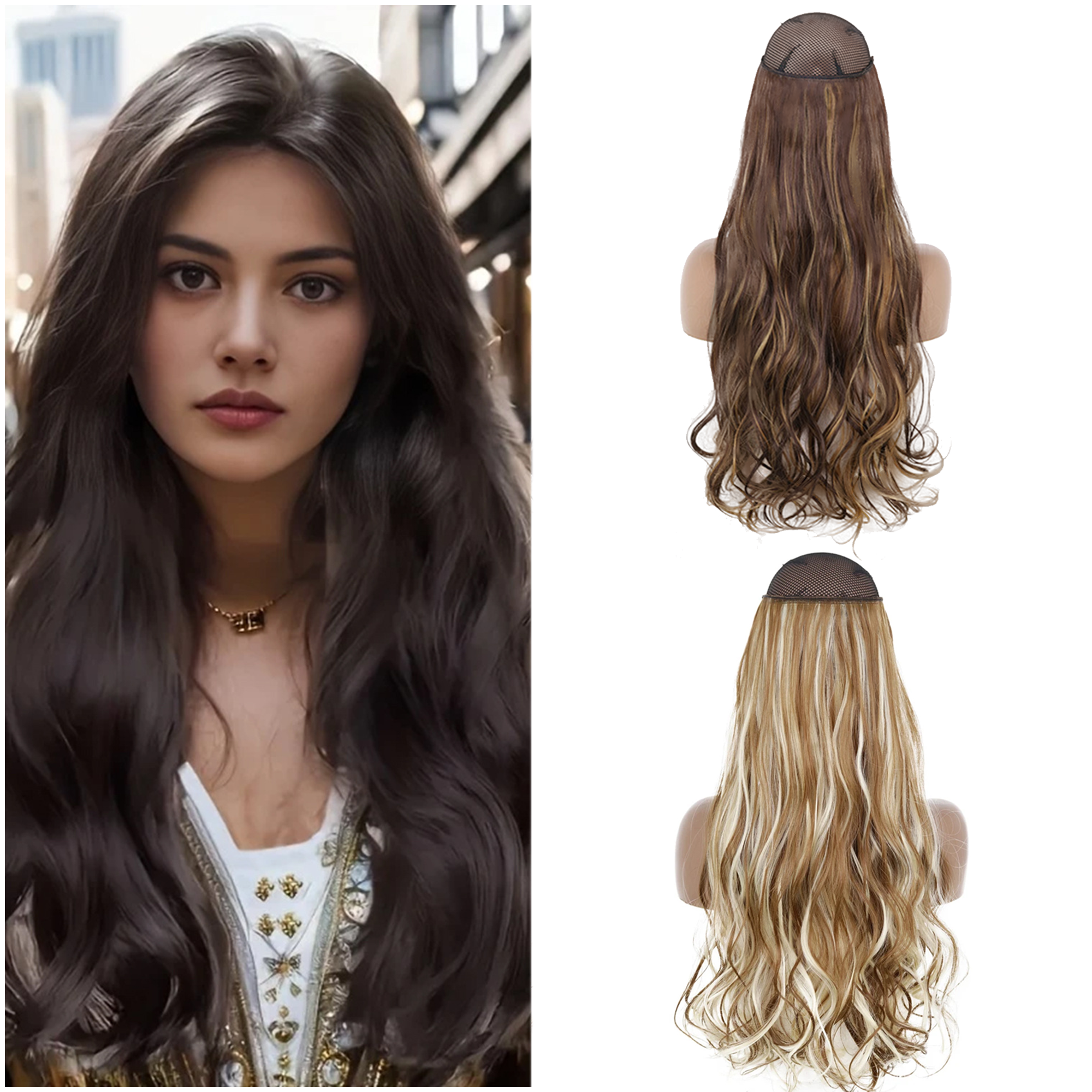 Morovan 22 Inch Clip-In Hair Extensions - 5-Piece Wavy Synthetic Hair Set, Brown Gold Mixed,Heat Resistant Fibers