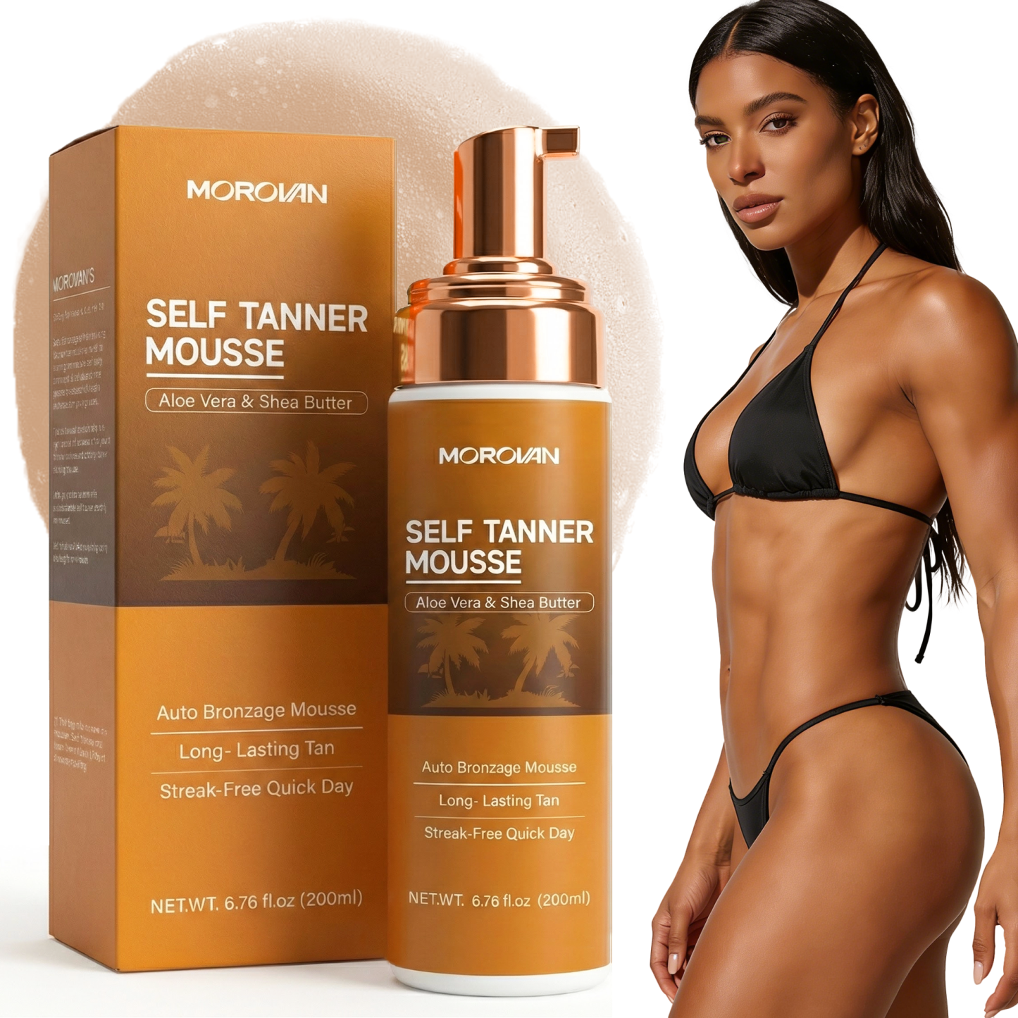 Morovan Self Tanner Mousse Sunless Tanning Foam with Aloe Vera and Shea Butter Streak Free Quick Dry Long Lasting Bronze Glow 6.76 fl oz