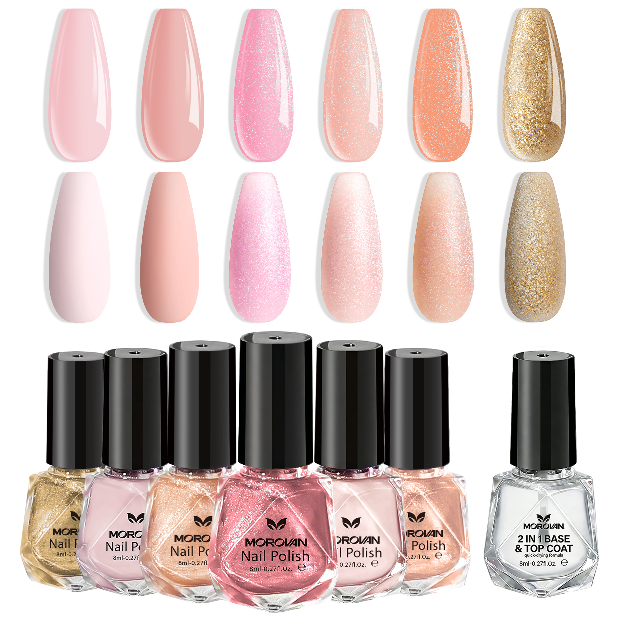 Morovan 7Pcs Pink Nude Nail Polish Set with 2 IN 1 Base and Top Coat,Nail Art Home DIY Fingernail Polish Gift Set for Women