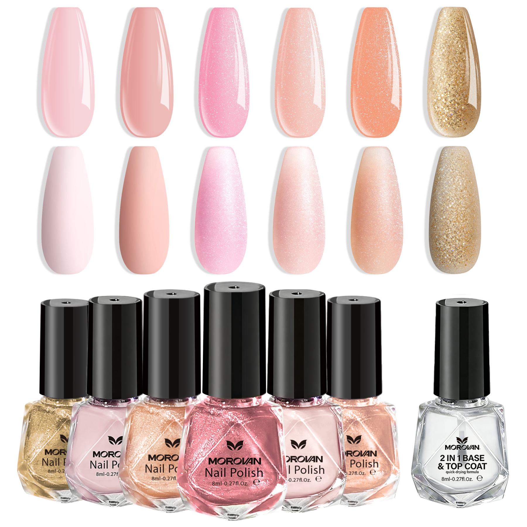 Morovan 7Pcs Pink Nude Nail Polish Set with 2 IN 1 Base and Top Coat,Nail Art Home DIY Fingernail Polish Gift Set for Women