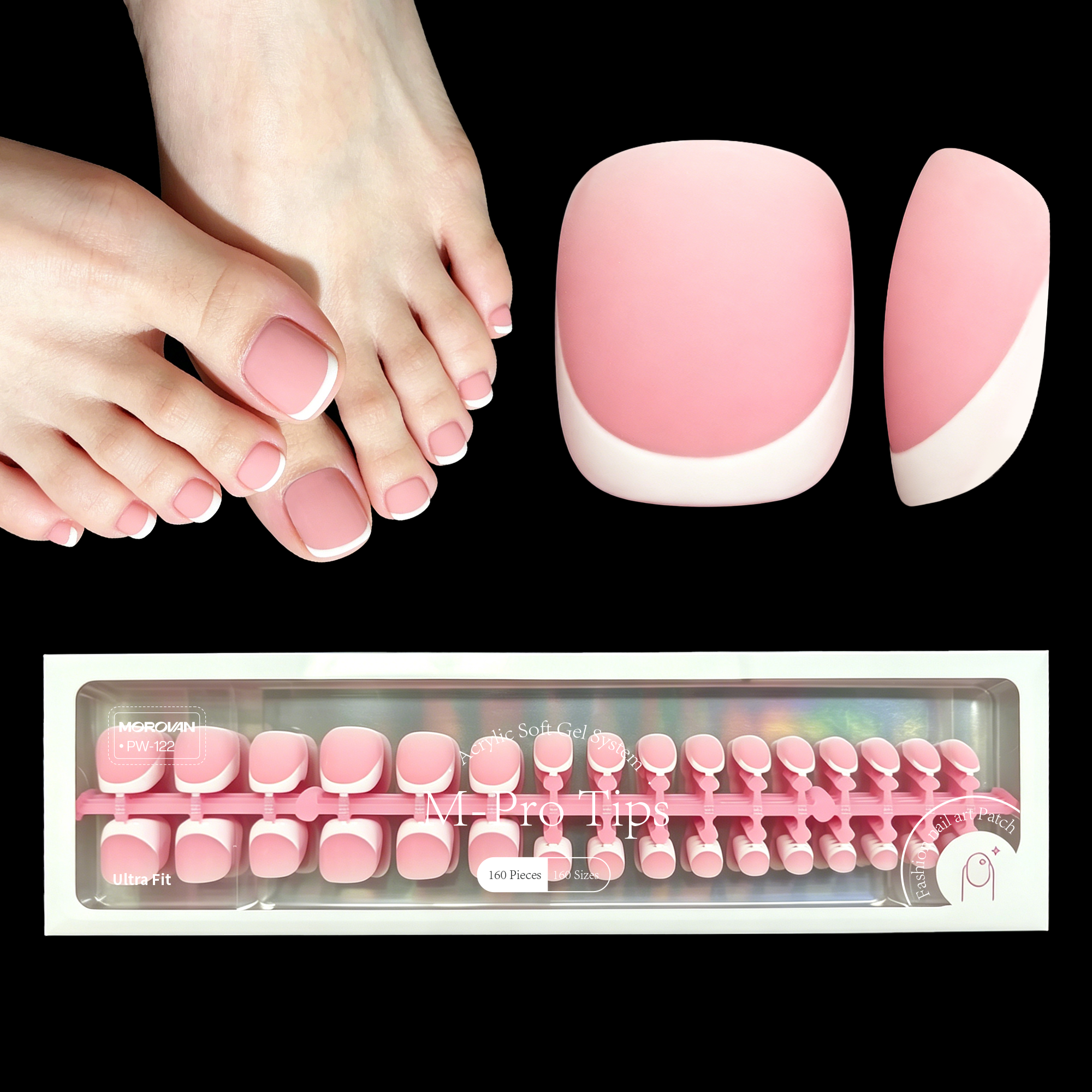 Morovan French Tips Toe Press On Nails, 160pcs Square Soft Gel False Toenails with Pre-Designed Berry Pink Full Cover Tips, 16 Sizes