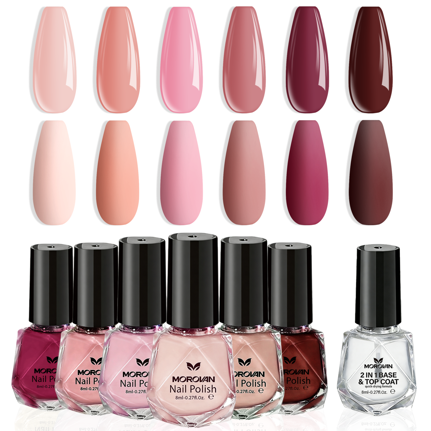 Morovan Nail Polish Set 7 Colors Nude Jelly Nail Polish Kit with Base & Top Coat, Quick Dry Sheer Nude Pink Red 8ml Spring Summer Manicure Gift for Women