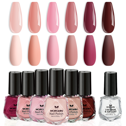 Morovan Nail Polish Set 7 Colors Nude Jelly Nail Polish Kit with Base & Top Coat, Quick Dry Sheer Nude Pink Red 8ml Spring Summer Manicure Gift for Women