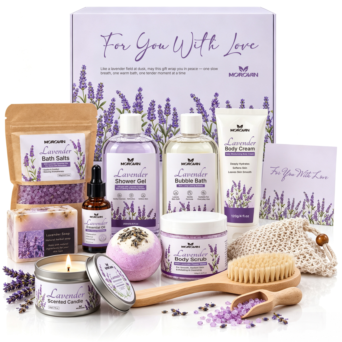 Morovan Lavender Spa Gift Set for Women, 12 Pcs Bath & Body Basket with Bubble Bath, Shower Gel, Body Cream, Scrub, Bath Bombs & Salts, Relaxing Home Spa Gifts for Her													