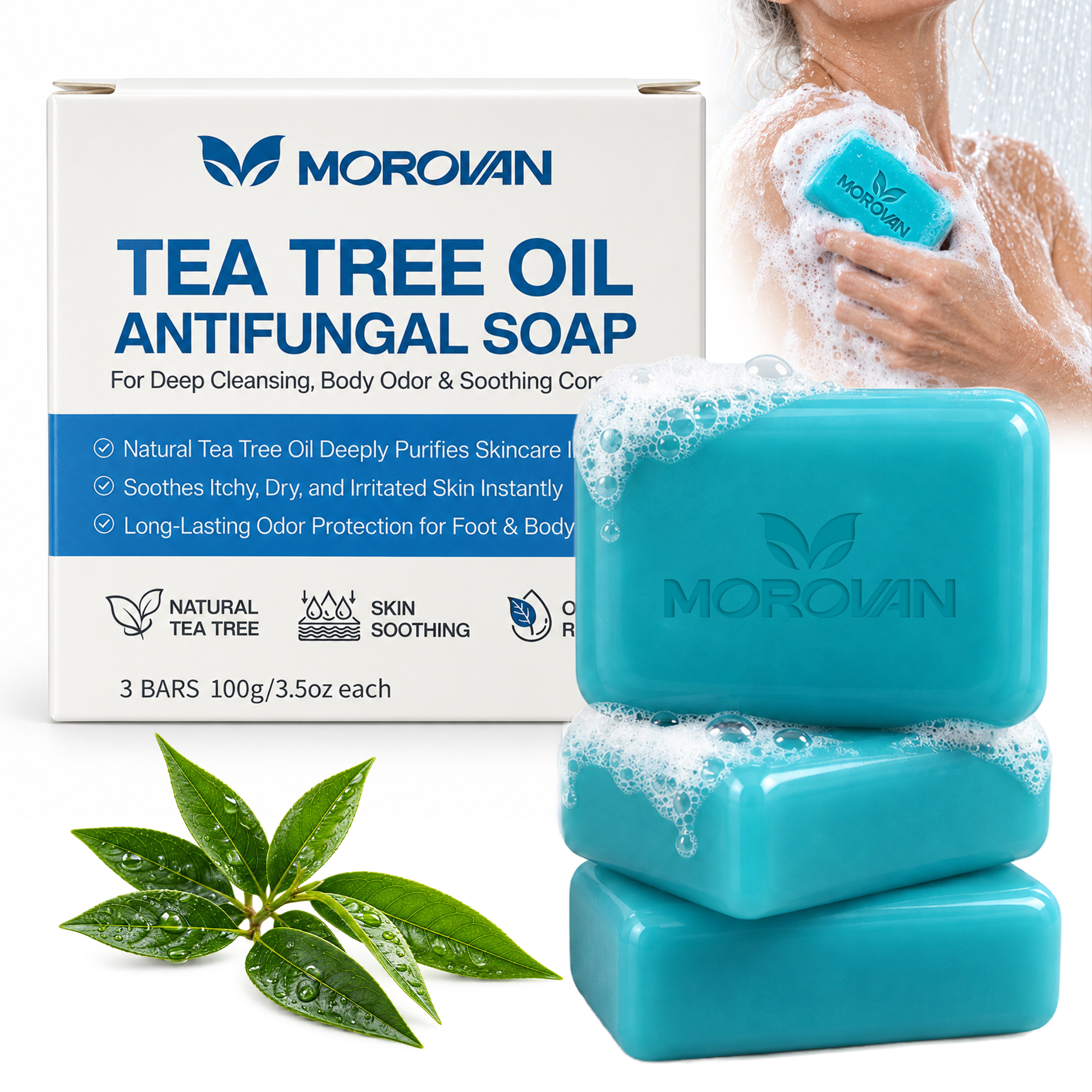 MOROVAN Antifungal Tea Tree Oil Soap Bars, Deep Body and Foot Cleansing, 3-Pack, 3.5-Ounce Each