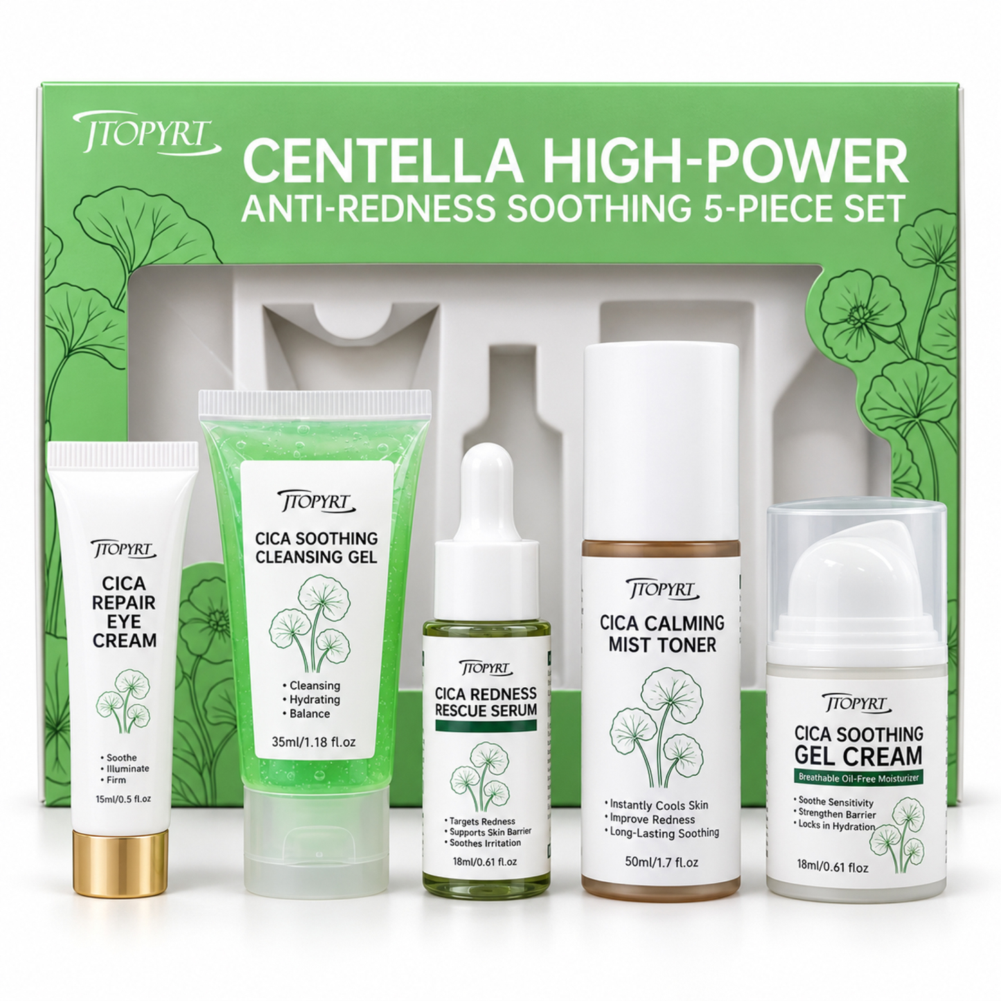 Jtopyrt Centella Cica 5-Piece Anti-Redness Soothing Skincare Set Gentle Daily Routine for Sensitive and Redness-Prone Skin