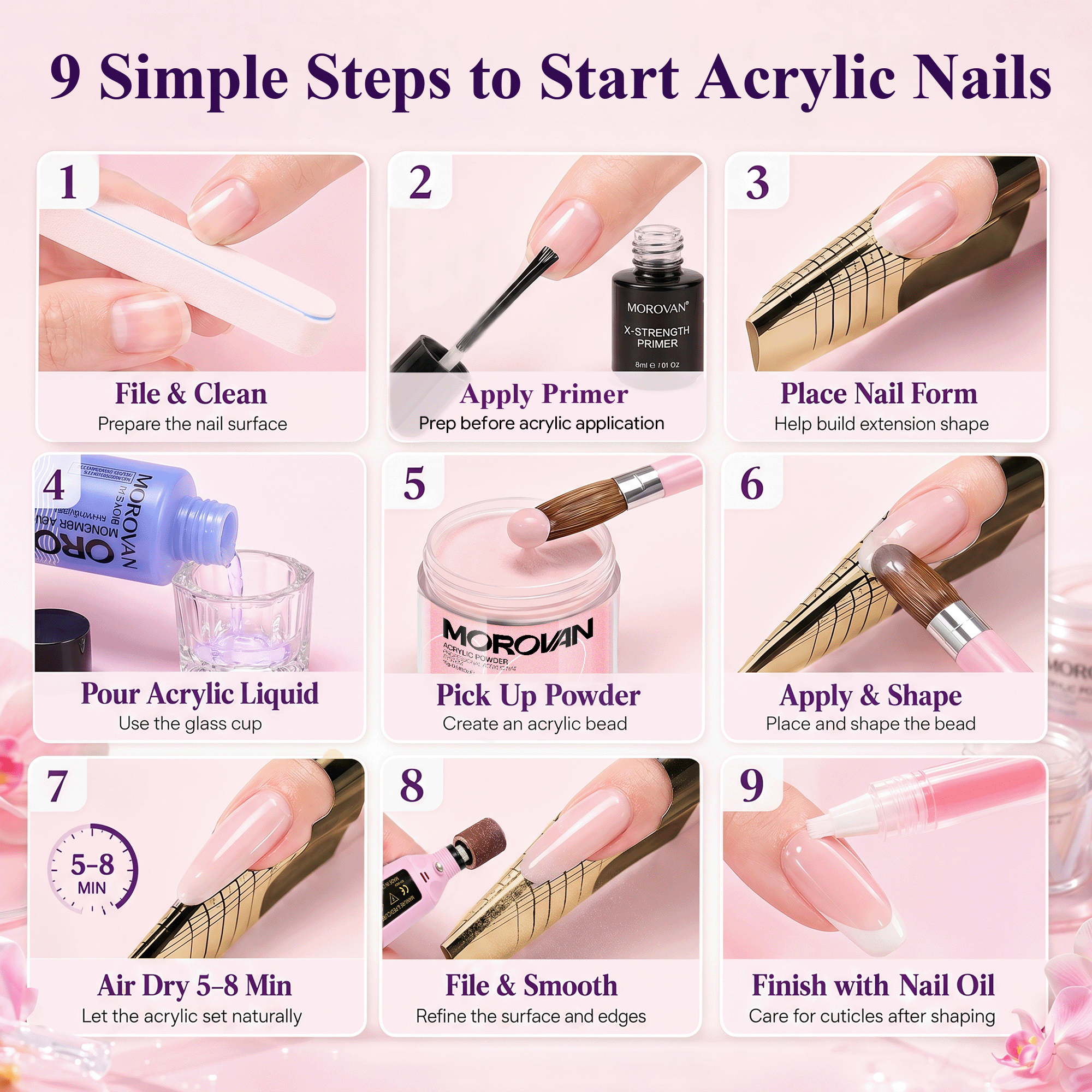 Morovan Acrylic Nail Kit with Drill,Complete Set for Beginners with Clear, White, Pink & Nude Acrylic Powder, Liquid, Brushes & Tools for Home Salon Nail Extensions