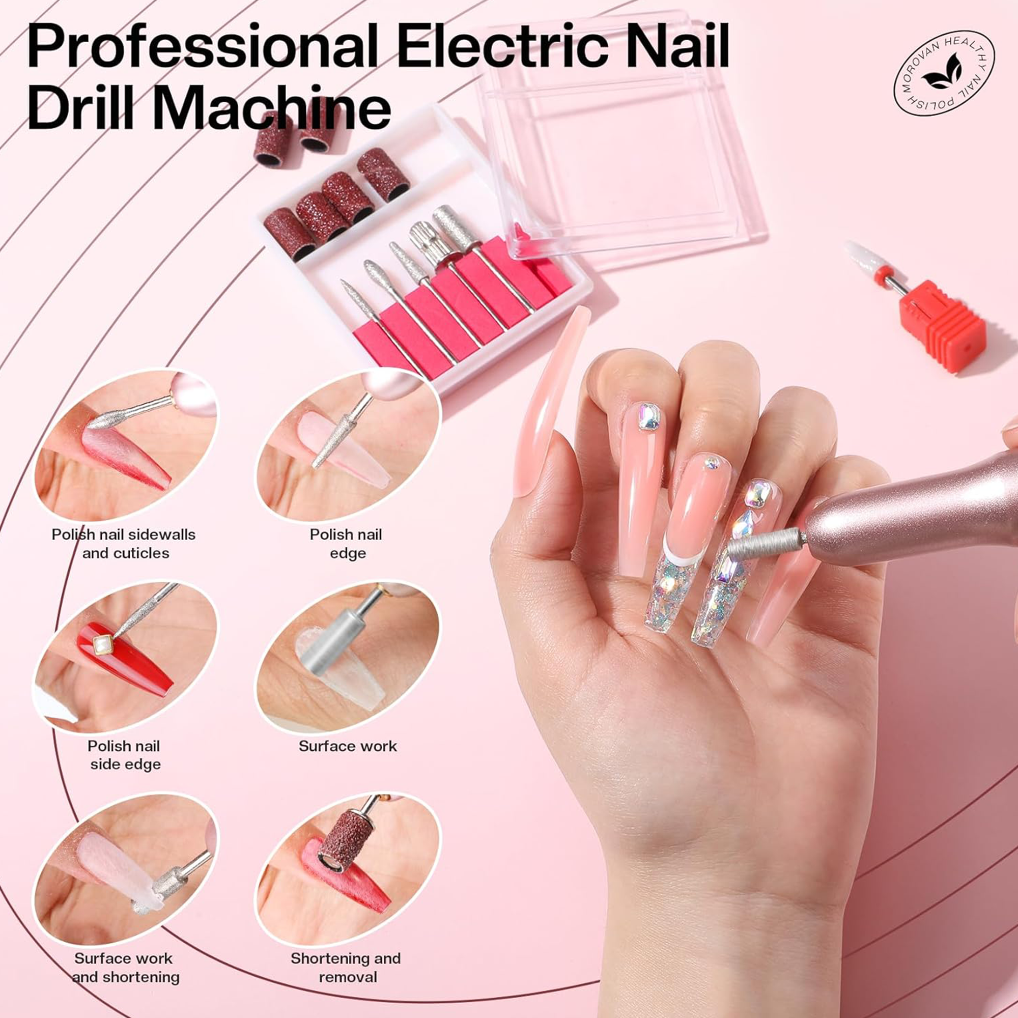 Morovan Professional Electric Nail Drill Machine Kit for Acrylic Gel Dip Powder with Nail Drill Bits Sanding Bands