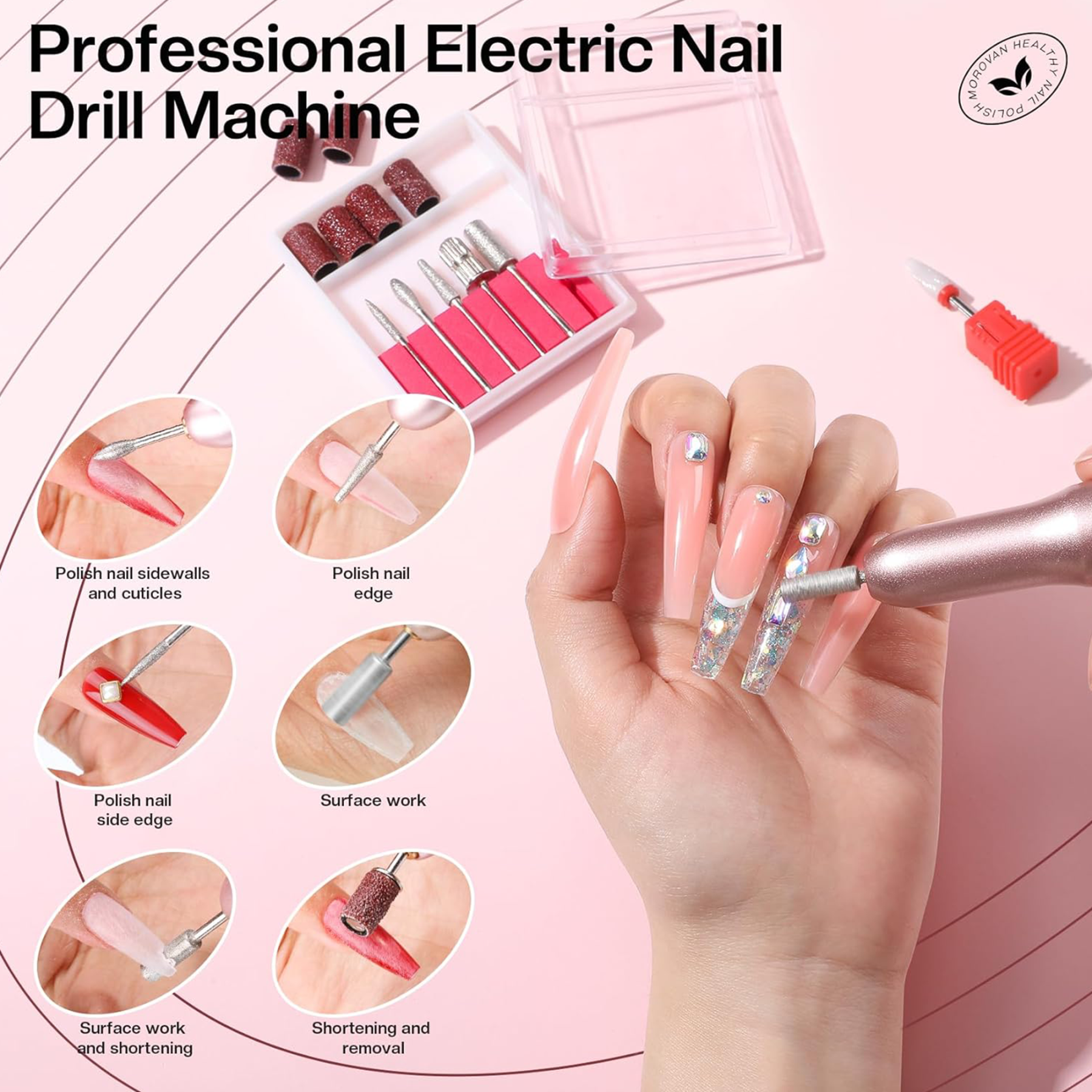 Morovan Professional Electric Nail Drill Machine Kit for Acrylic Gel Dip Powder with Nail Drill Bits Sanding Bands