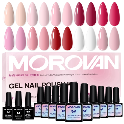 Morovan 10-Color Macaron Gel Nail Polish Set,with Base & Top Coat for for All Season DIY Home Manicure Kit 