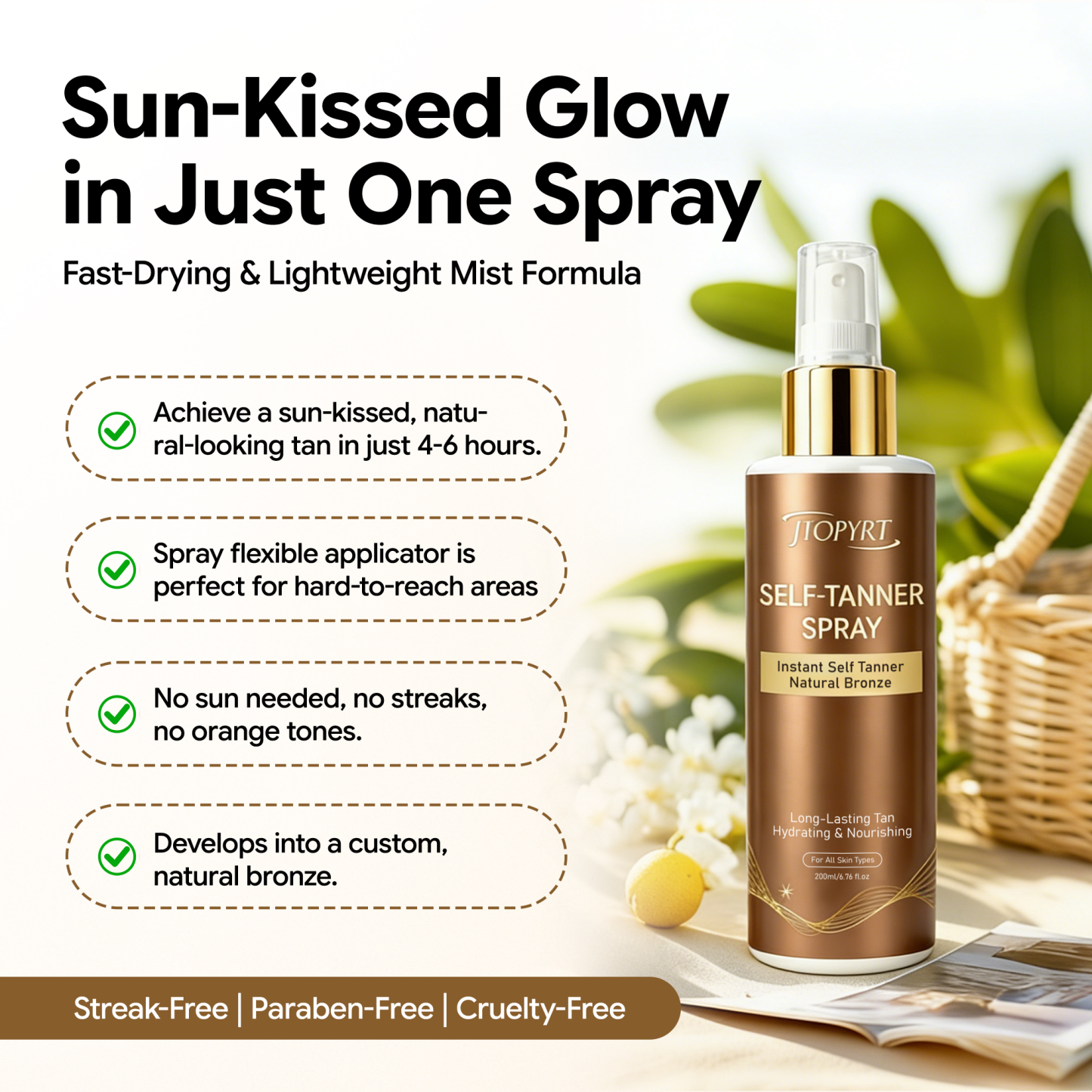 Jtopyrt Self Tanner Spray Mess and Streak Free with Natural Ingredients for Long Lasting Tan at Home for All Skin Type