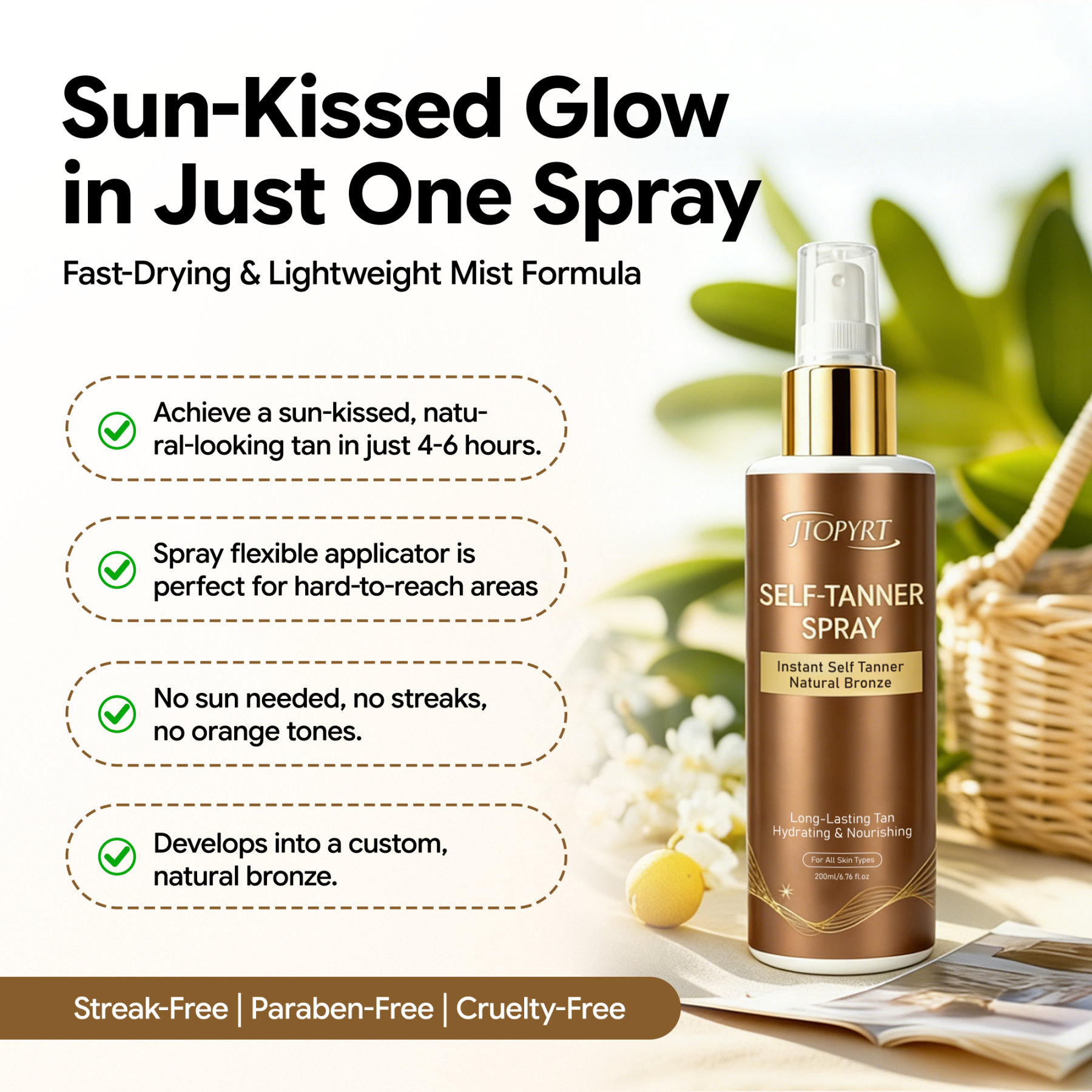 Jtopyrt Self Tanner Spray Mess and Streak Free with Natural Ingredients for Long Lasting Tan at Home for All Skin Type