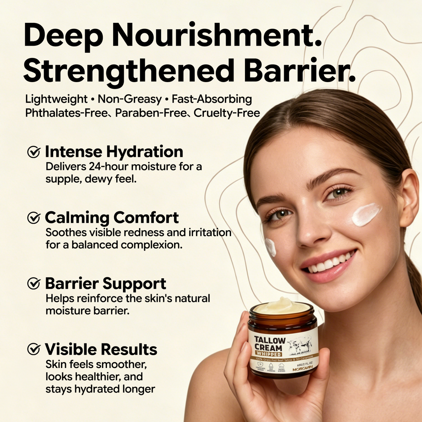 Morovan Face Moisturizer Whipped Beef Tallow Cream 5D Ceramide Daily Skincare Face Sensitive Skin 2 fl oz