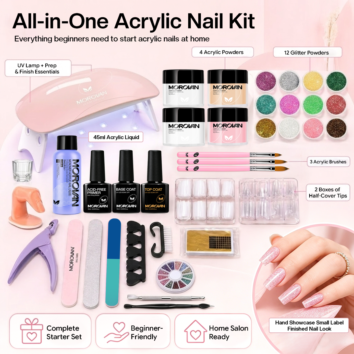 Morovan Acrylic Nail Kit with UV Light for Beginners,Complete DIY Set with Glitters,Nail Tips & Nail Art Tools Gift for Women