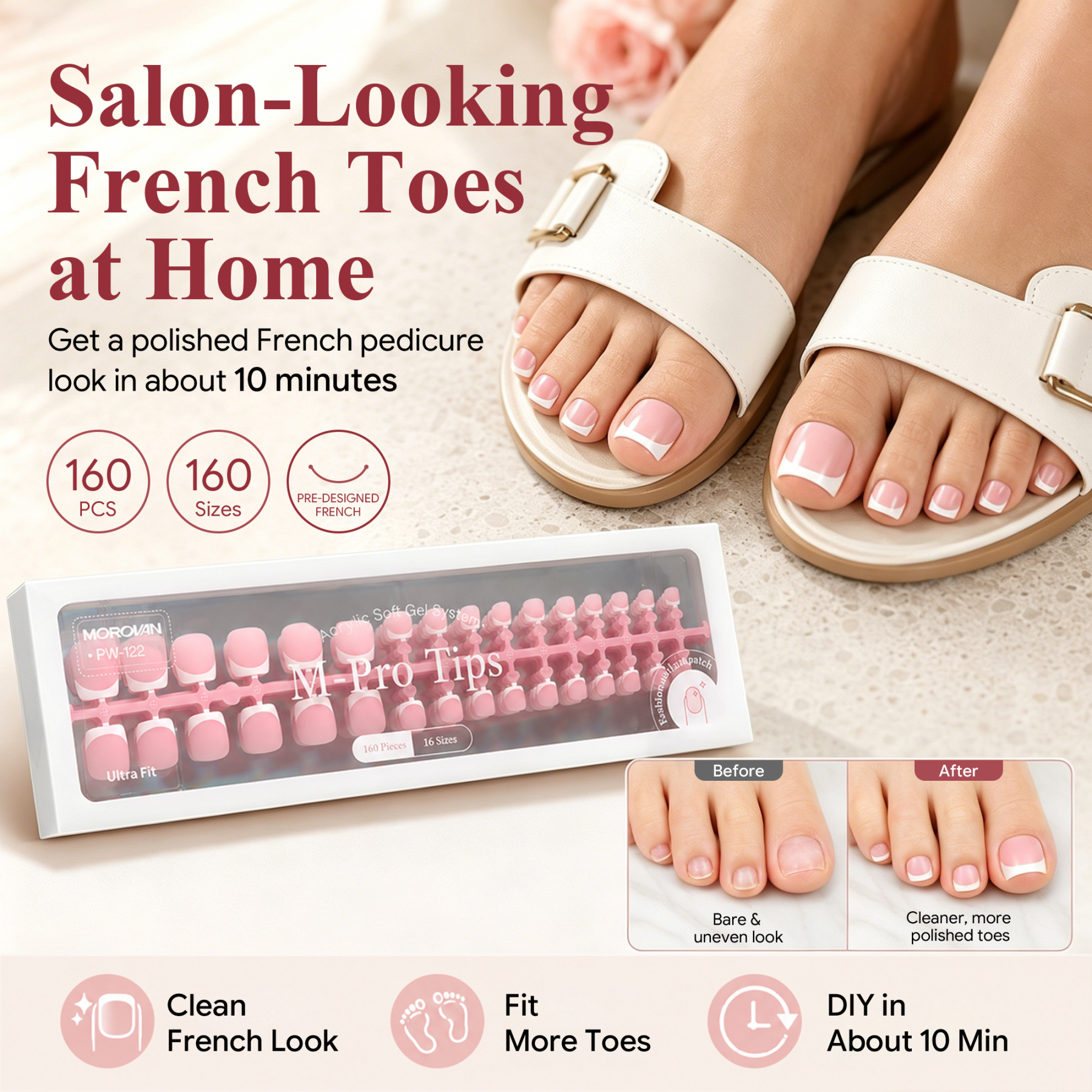 Morovan French Tips Toe Press On Nails, 160pcs Square Soft Gel False Toenails with Pre-Designed Berry Pink Full Cover Tips, 16 Sizes