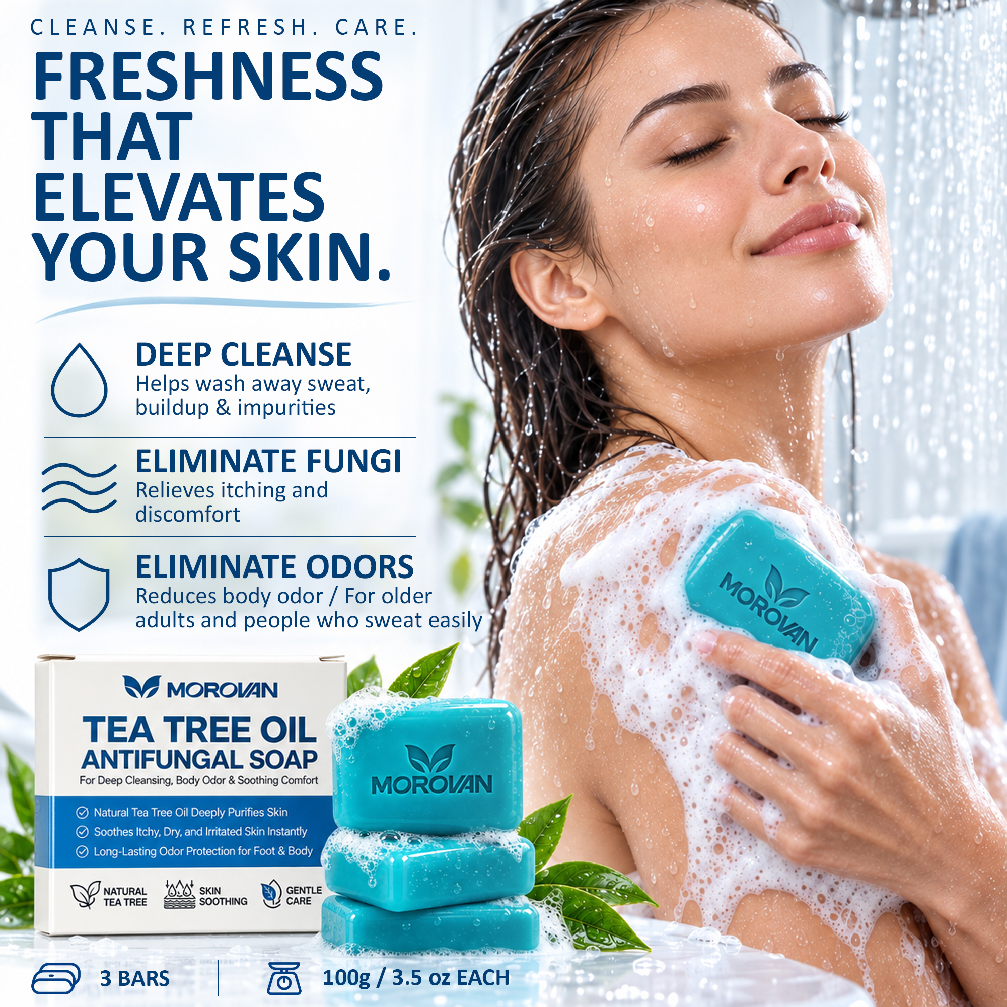 MOROVAN Antifungal Tea Tree Oil Soap Bars, Deep Body and Foot Cleansing, 3-Pack, 3.5-Ounce Each