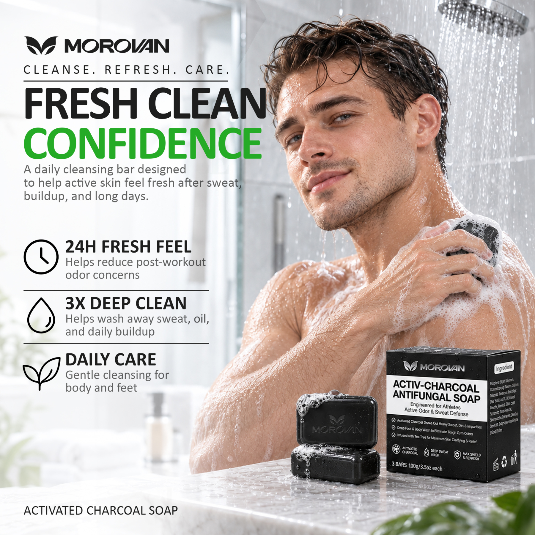 MOROVAN Antifungal Activated Charcoal Soap Bars for Athletes, Foot and Body Cleansing, 3-Pack, 3.5-Ounce Each