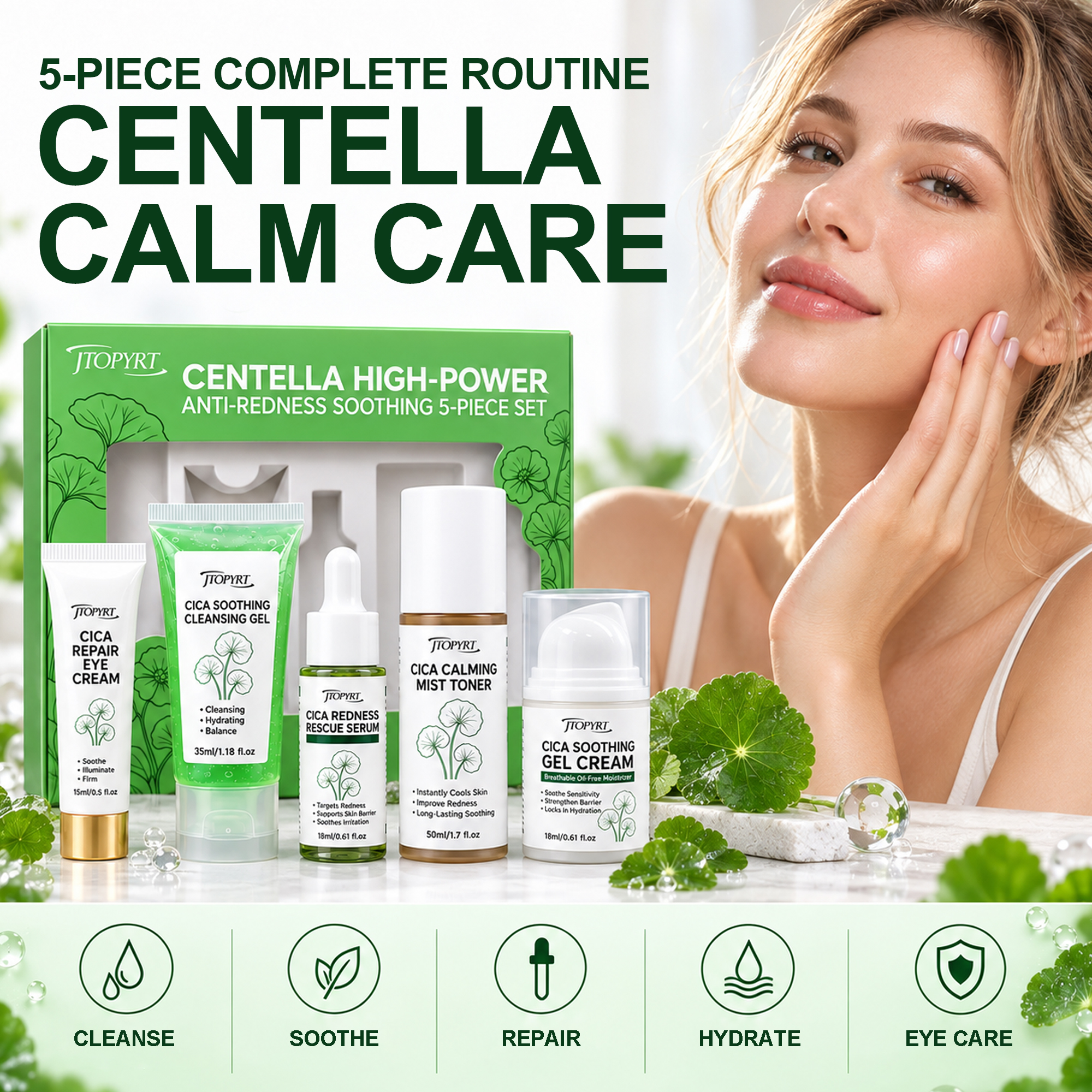 Jtopyrt Centella Cica 5-Piece Anti-Redness Soothing Skincare Set Gentle Daily Routine for Sensitive and Redness-Prone Skin