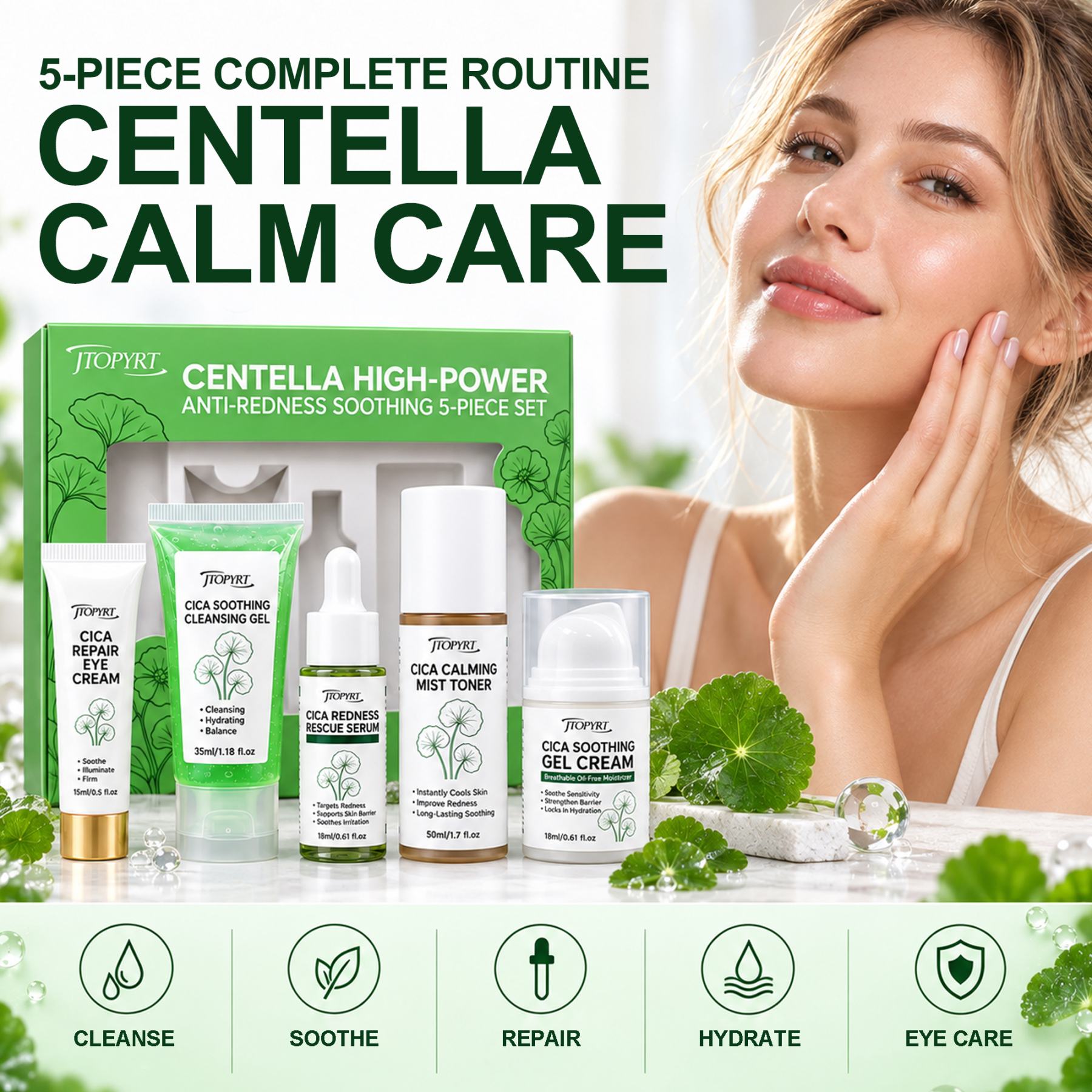 Jtopyrt Centella Cica 5-Piece Anti-Redness Soothing Skincare Set Gentle Daily Routine for Sensitive and Redness-Prone Skin