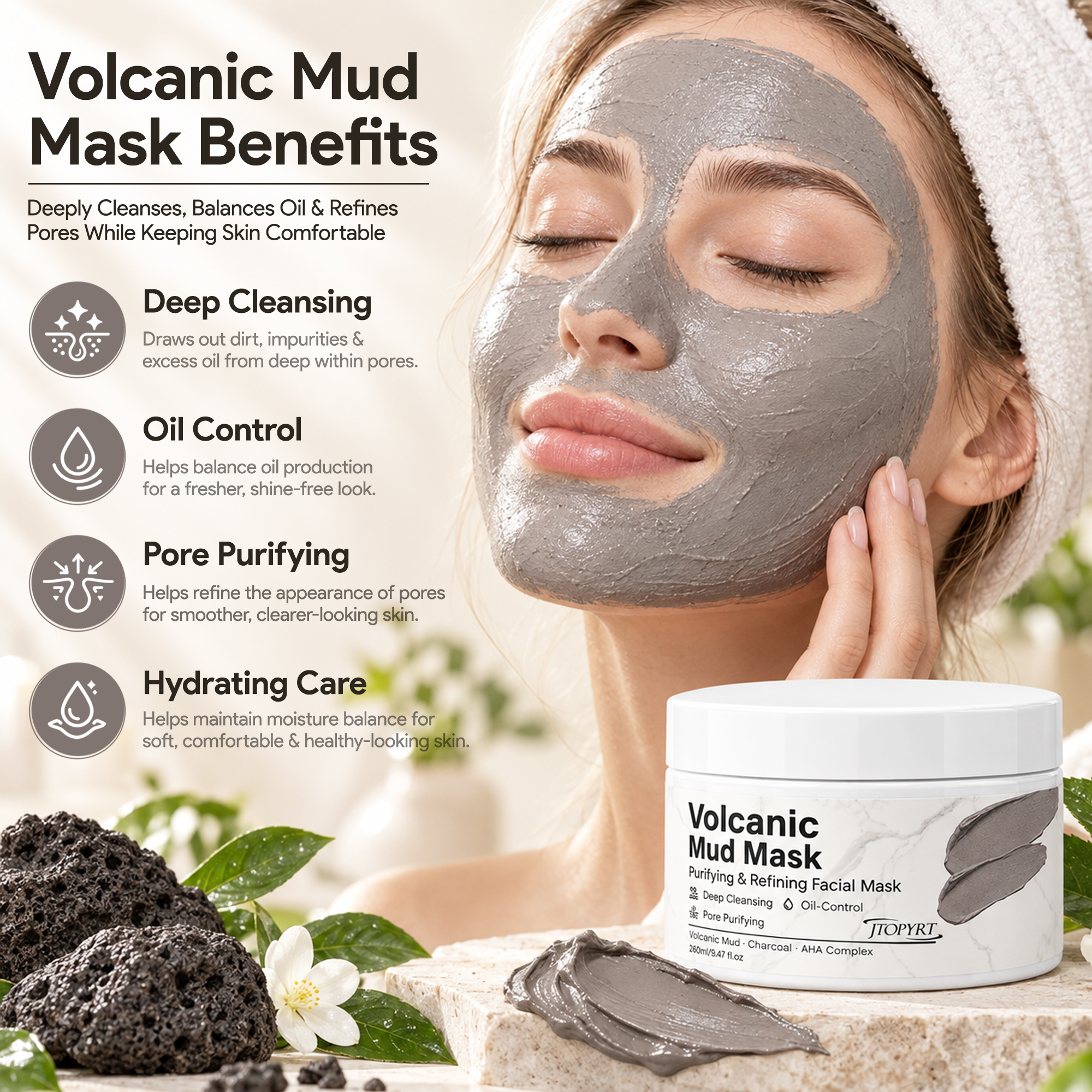Jtopyrt Volcanic Mud Mask Deep Cleansing and Oil Control Face Mask for Pore Purifying 250g/8.8 fl oz