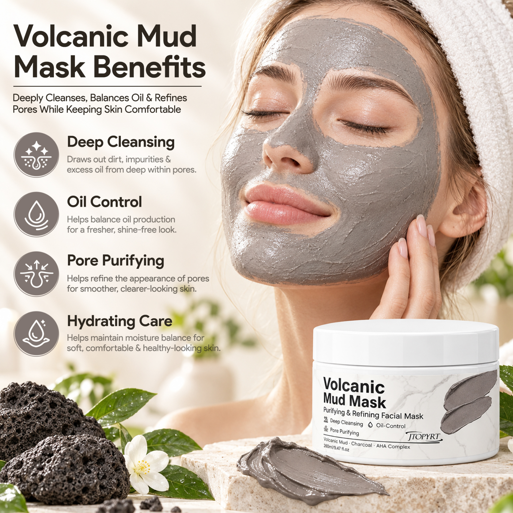 Jtopyrt Volcanic Mud Mask Deep Cleansing and Oil Control Face Mask for Pore Purifying 250g/8.8 fl oz
