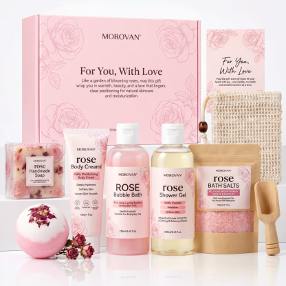 Morovan Rose Spa Gift Set for Women, 8 Pcs Bath & Body Gift Basket with Bubble Bath, Shower Gel, Body Cream, Bath Bombs & Salts, Romantic Birthday Christmas Gifts for Her													