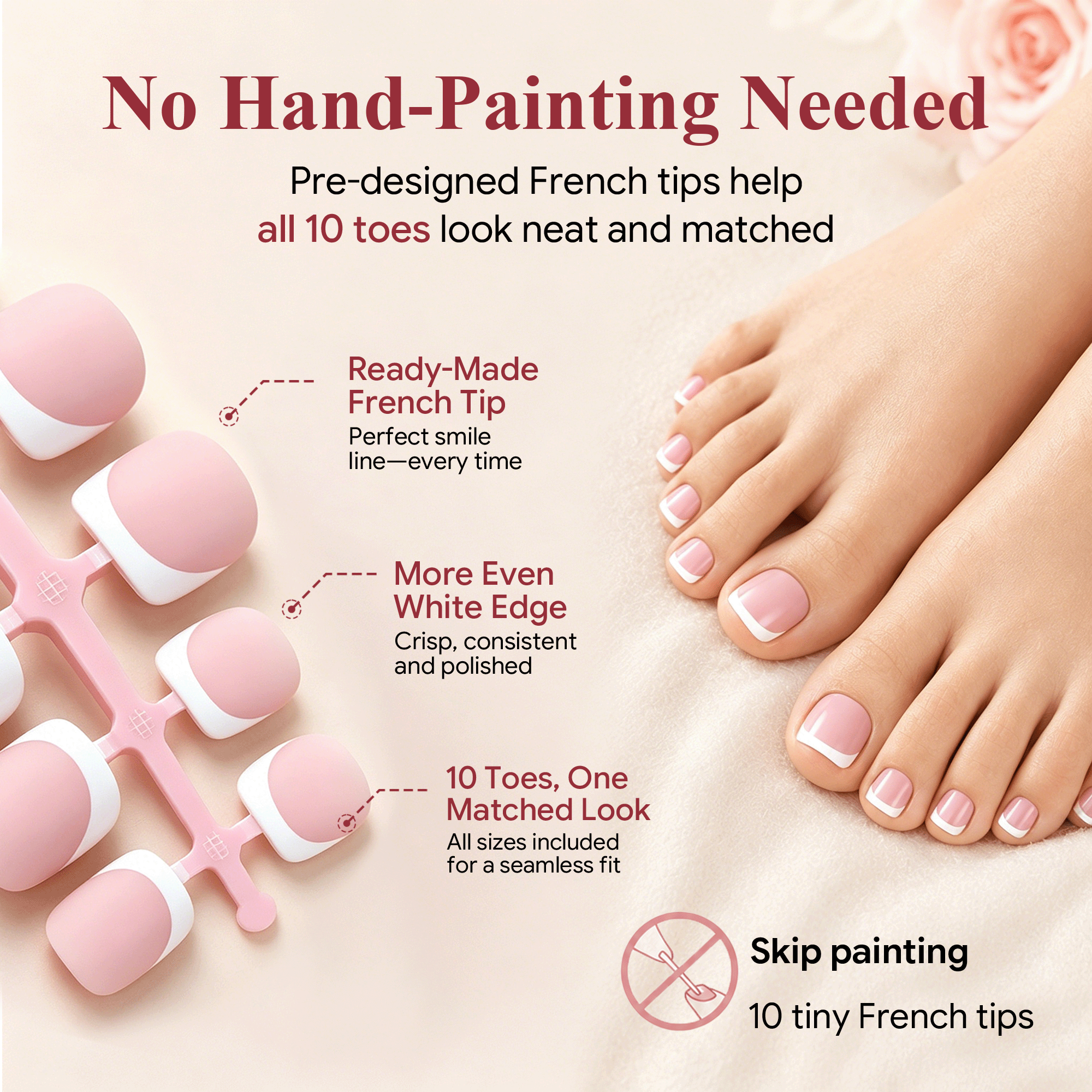 Morovan French Tips Toe Press On Nails, 160pcs Square Soft Gel False Toenails with Pre-Designed Berry Pink Full Cover Tips, 16 Sizes