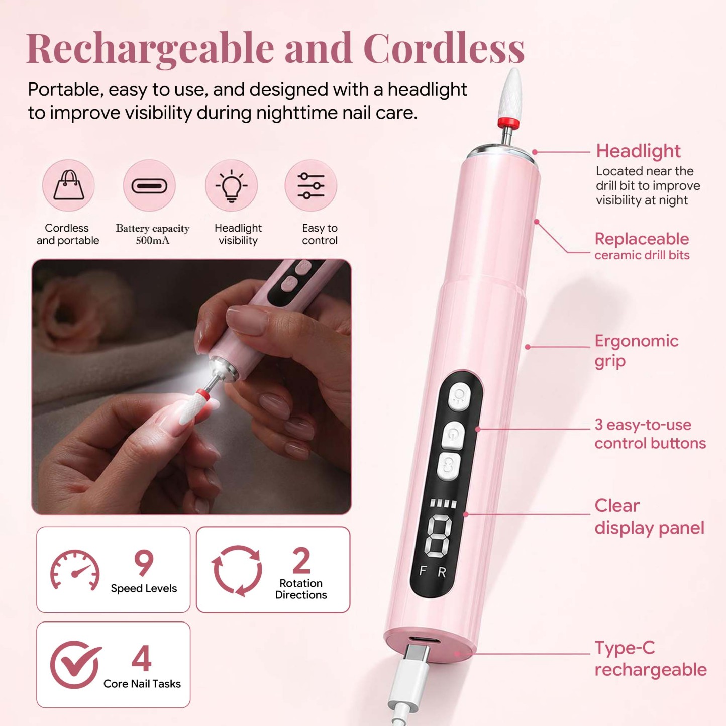 Morovan 2-in-1 Cordless Nail Drill & UV Lamp Kit,All-in-One Portable Set for Acrylic, Gel & Dip Nails, Home Salon & Travel Manicure