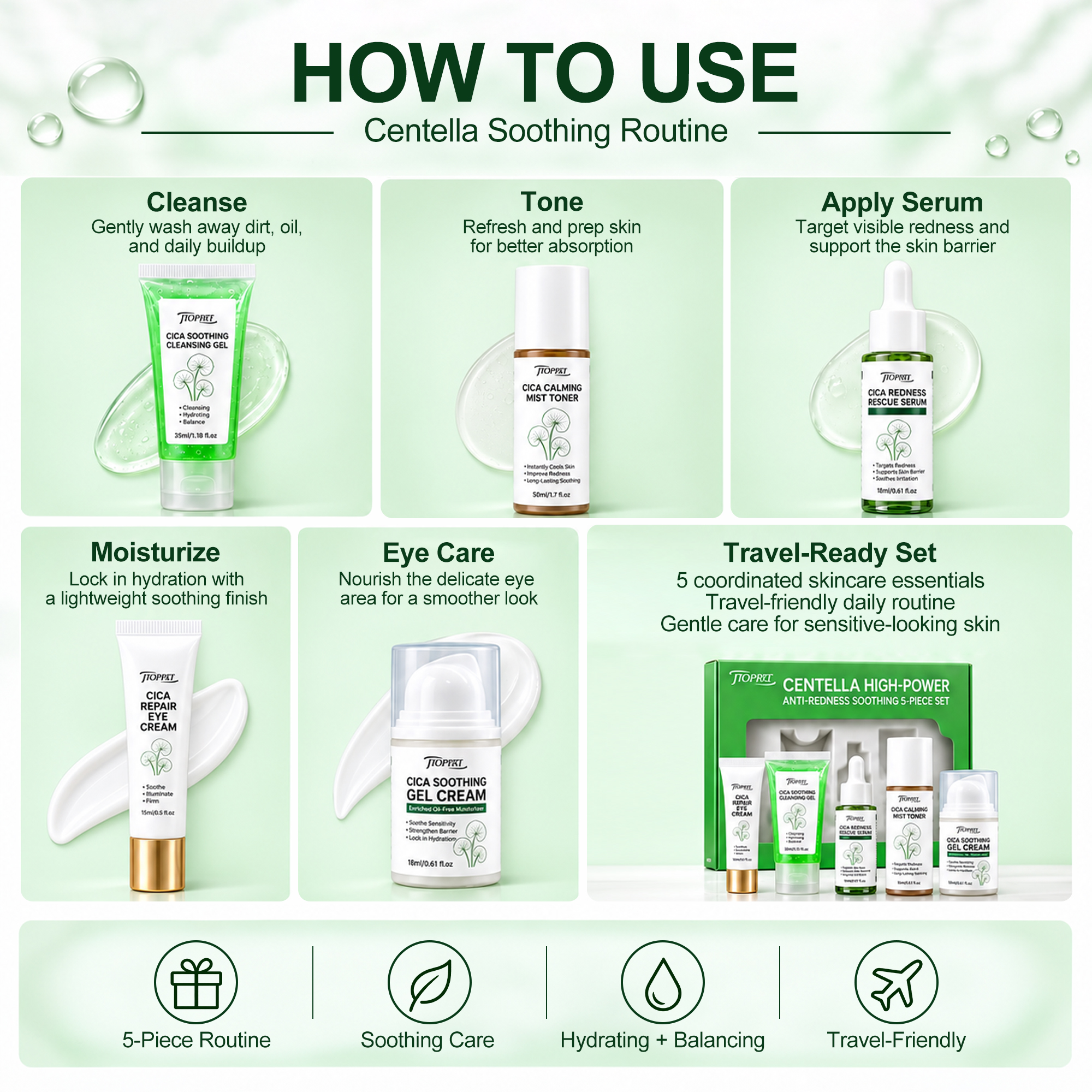 Jtopyrt Centella Cica 5-Piece Anti-Redness Soothing Skincare Set Gentle Daily Routine for Sensitive and Redness-Prone Skin