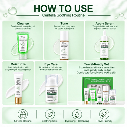 Jtopyrt Centella Cica 5-Piece Anti-Redness Soothing Skincare Set Gentle Daily Routine for Sensitive and Redness-Prone Skin