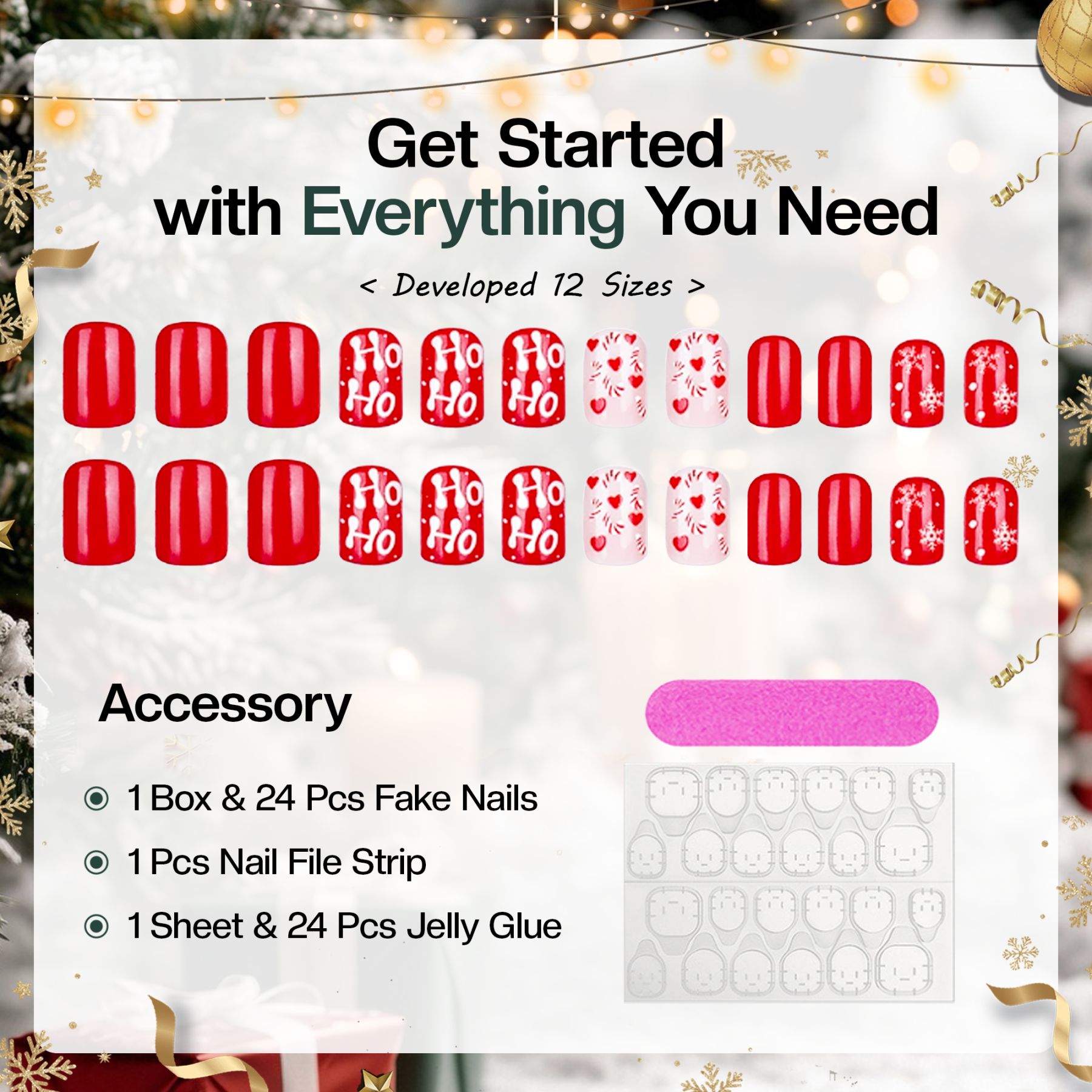 Morovan Christmas Press on Nails,Snowflake False Nails - Glue on, Fake, Stick on Nails for Women,12 Sizes