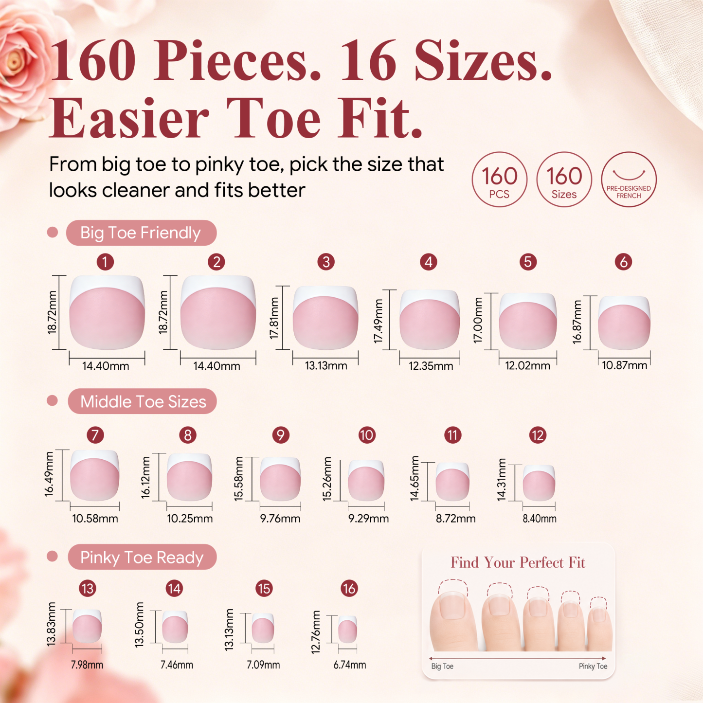 Morovan French Tips Toe Press On Nails, 160pcs Square Soft Gel False Toenails with Pre-Designed Berry Pink Full Cover Tips, 16 Sizes