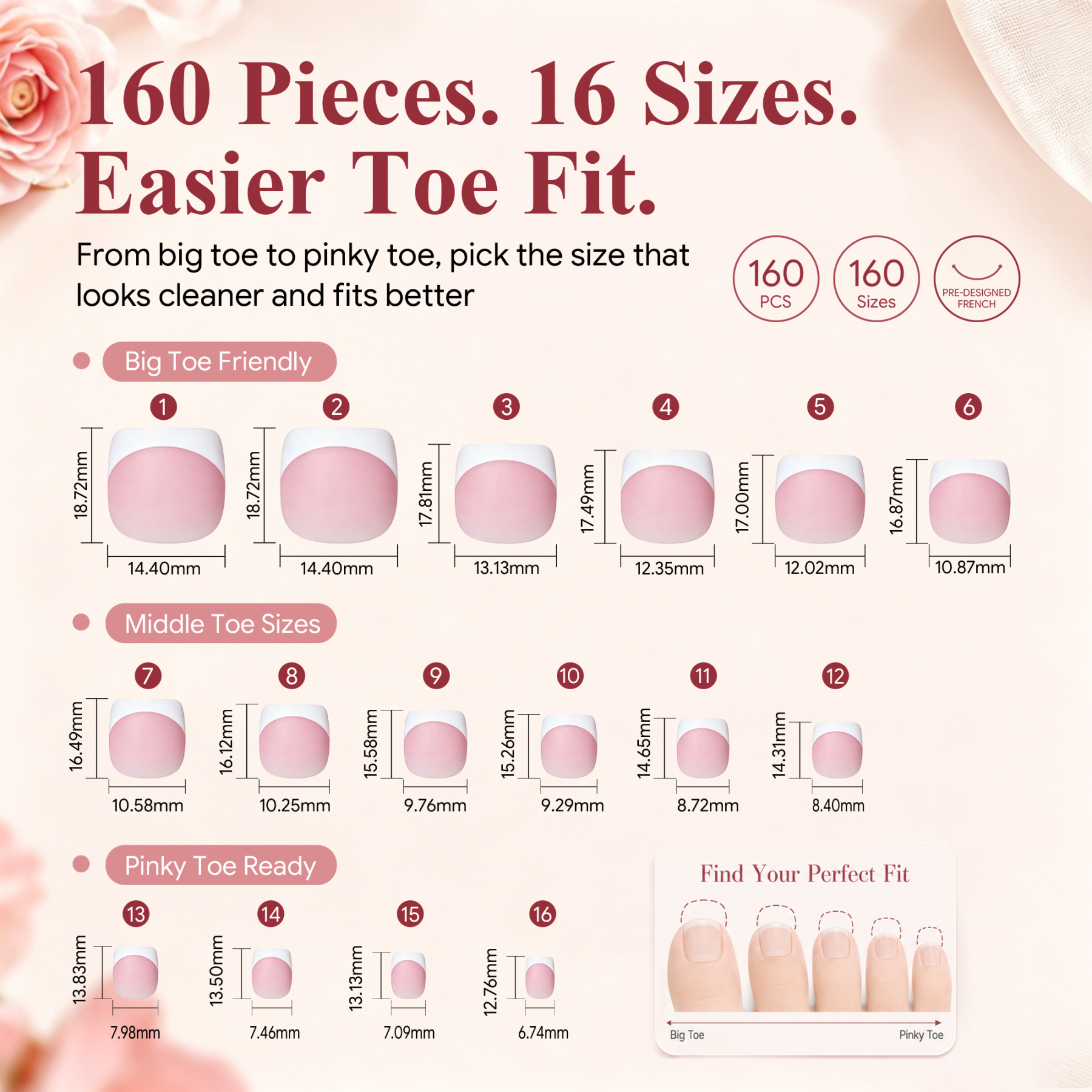 Morovan French Tips Toe Press On Nails, 160pcs Square Soft Gel False Toenails with Pre-Designed Berry Pink Full Cover Tips, 16 Sizes