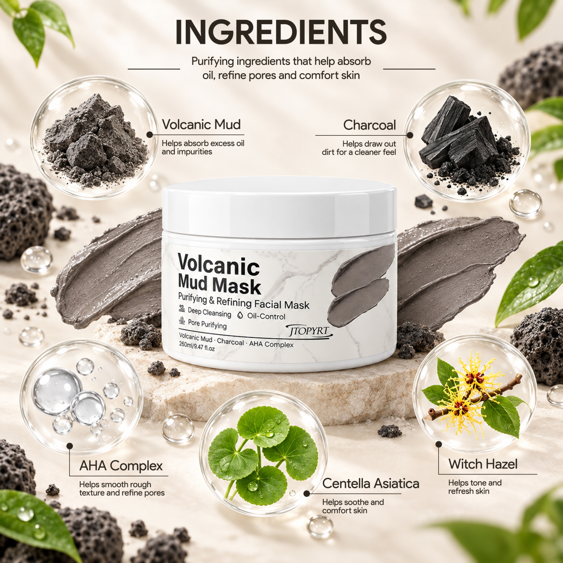 Jtopyrt Volcanic Mud Mask Deep Cleansing and Oil Control Face Mask for Pore Purifying 250g/8.8 fl oz